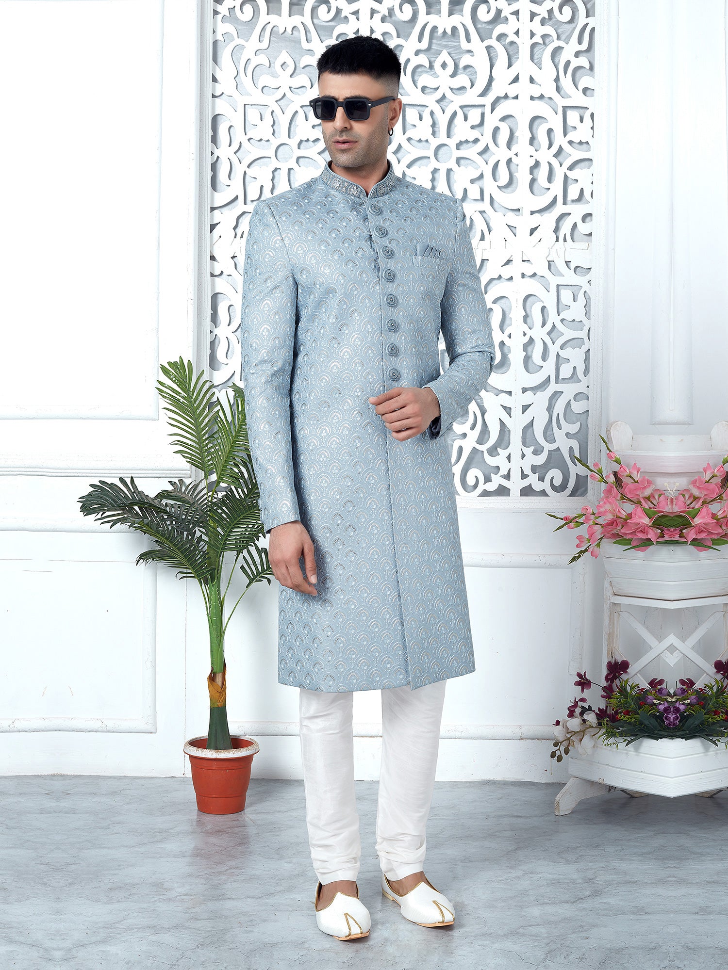 Light Blue Embroidered Mens Indowestern Set In Silk