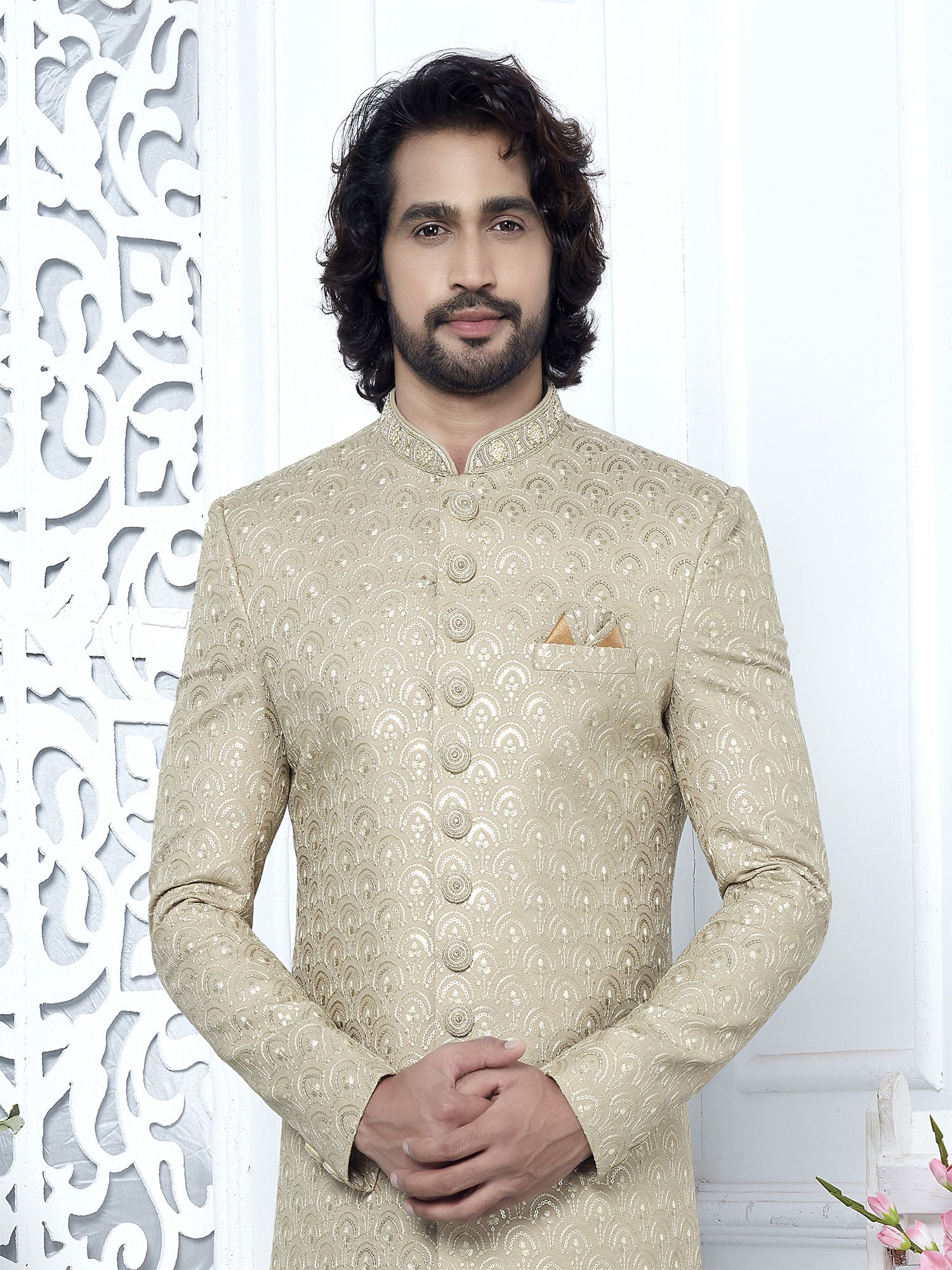 Beige Embroidered Indowestern Set For Mens In Silk