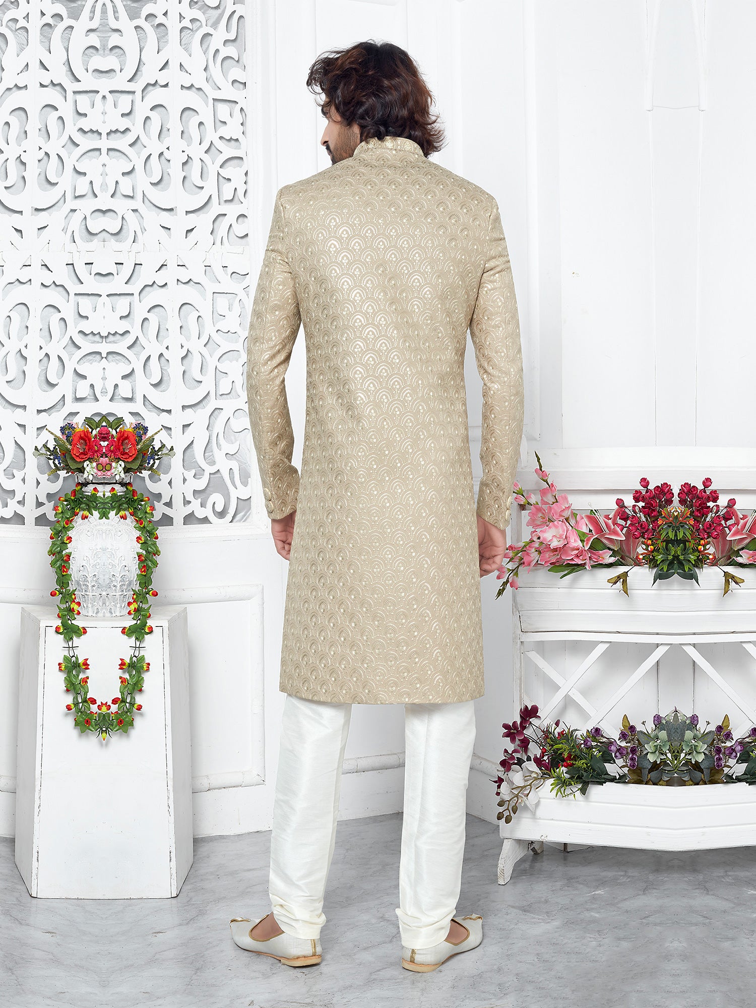 Beige Embroidered Indowestern Set For Mens In Silk