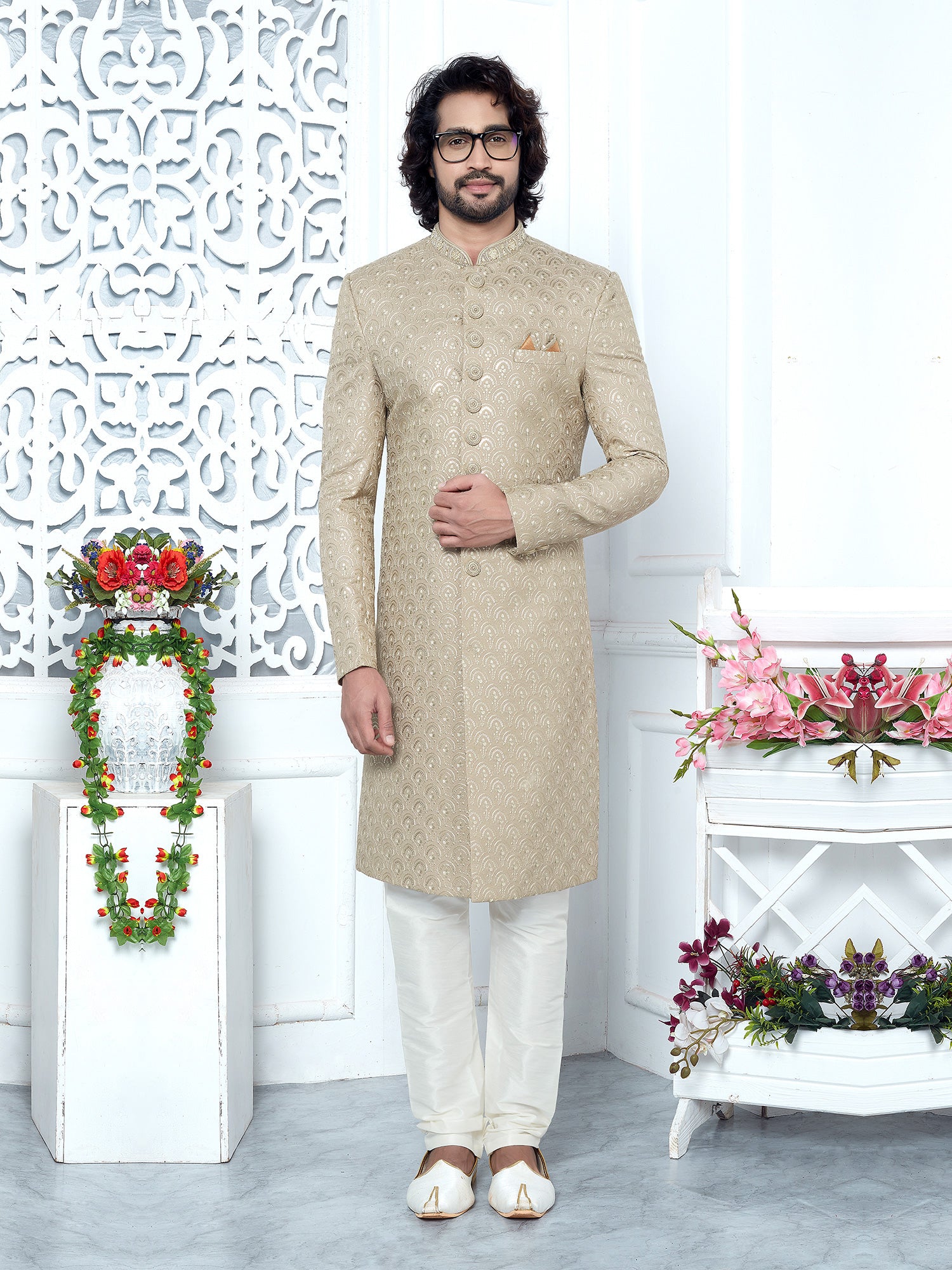 Beige Embroidered Indowestern Set For Mens In Silk