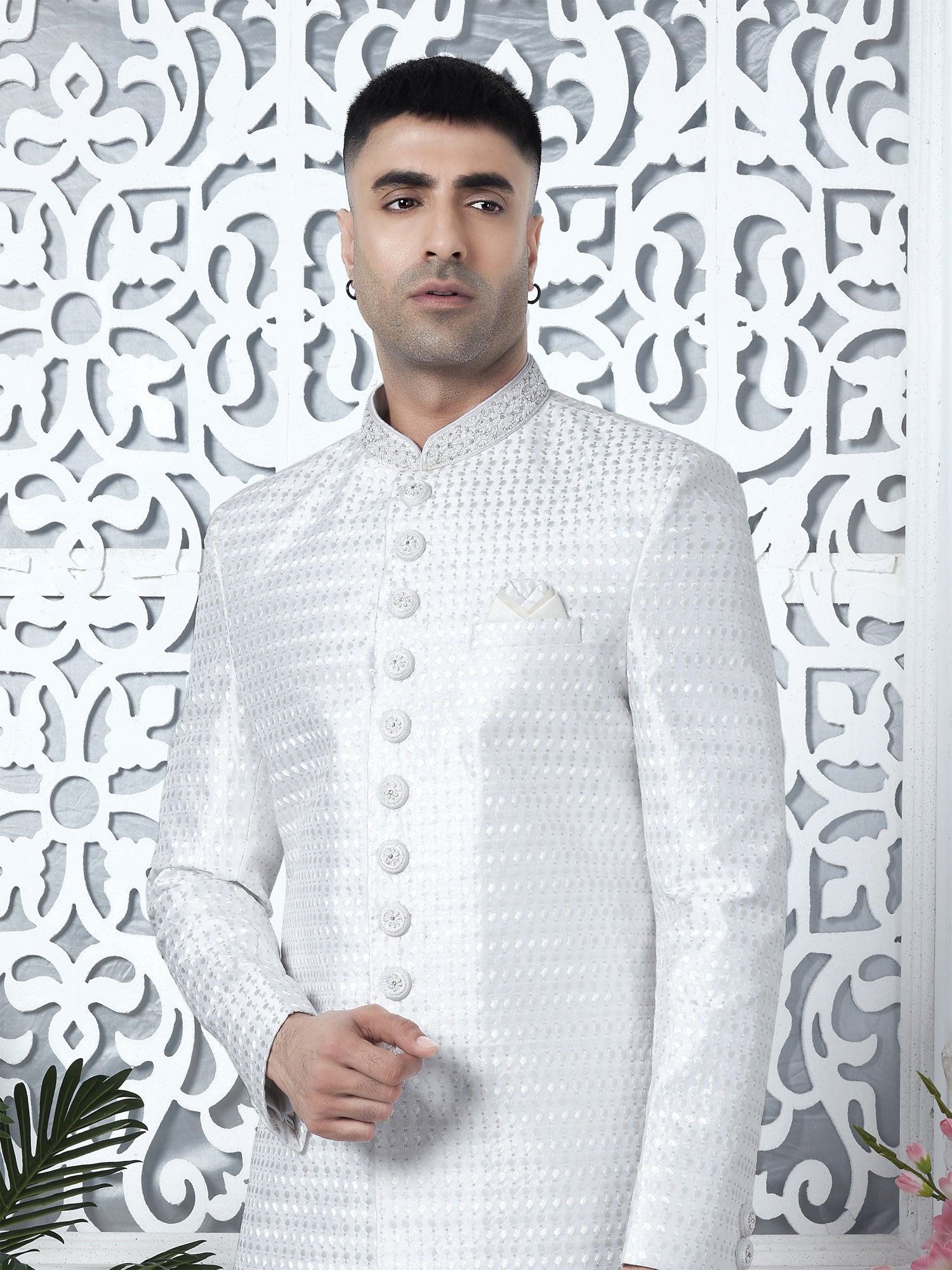 White Mens Self Embroidered Indowestern Set In Silk