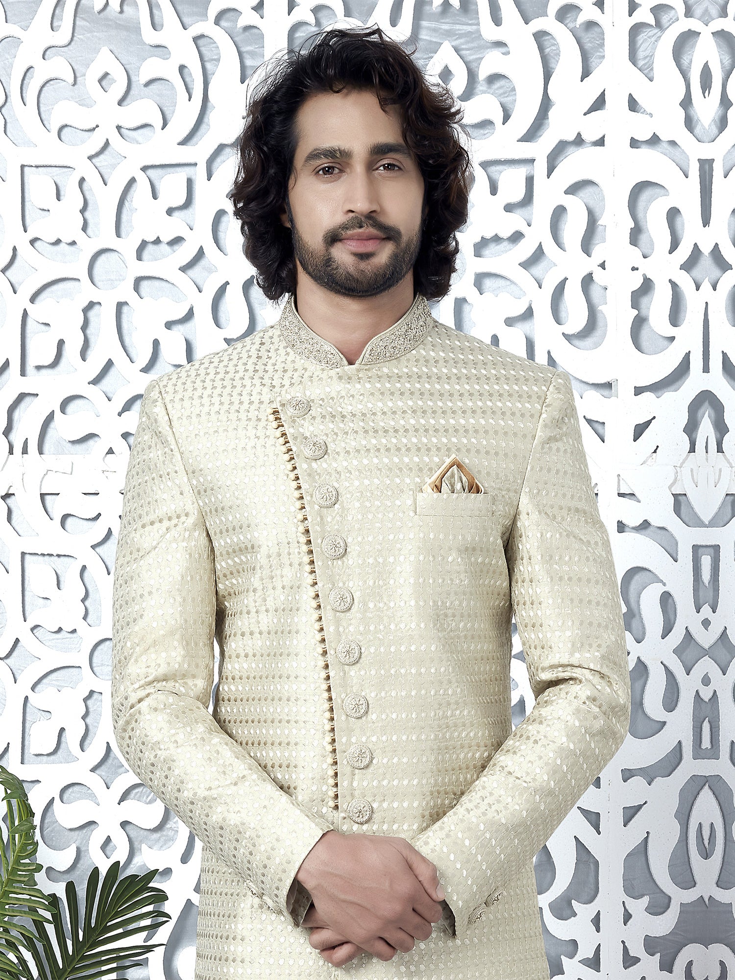 Cream Asymmetric Patterned Mens Indowestern Set