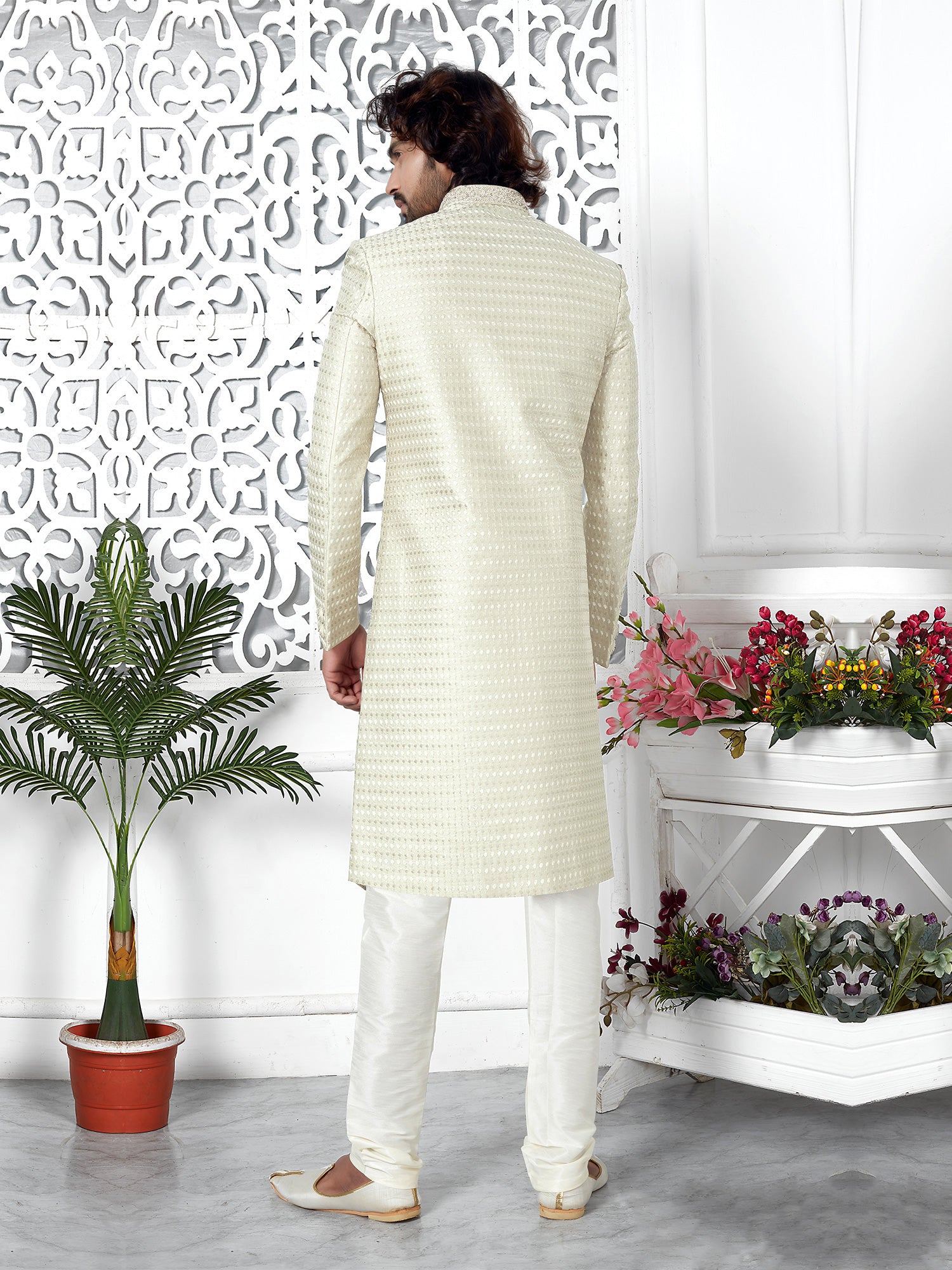 Cream Asymmetric Patterned Mens Indowestern Set