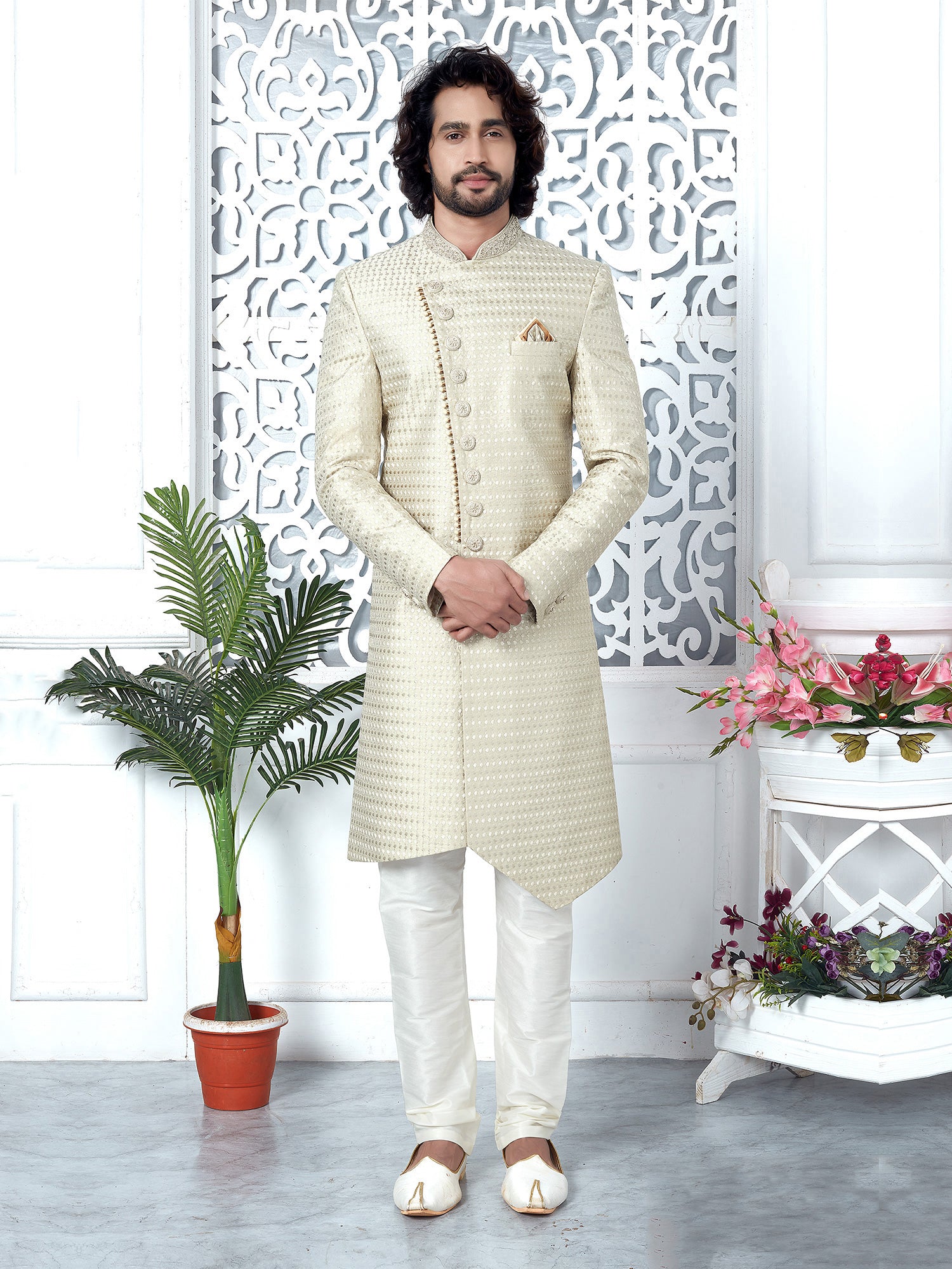 Cream Asymmetric Patterned Mens Indowestern Set