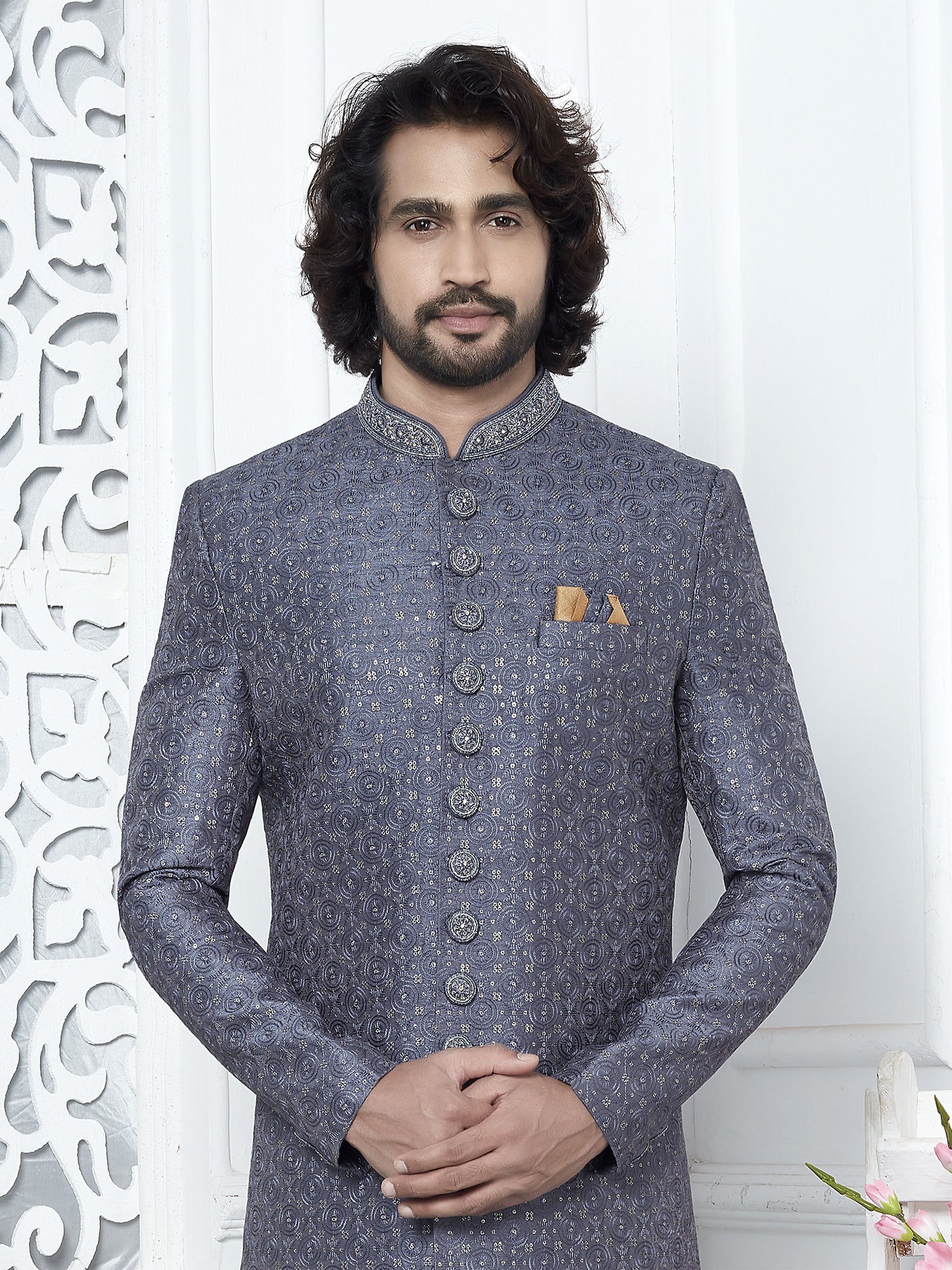 Blue Self Emroidered Mens Indowestern Set In Silk
