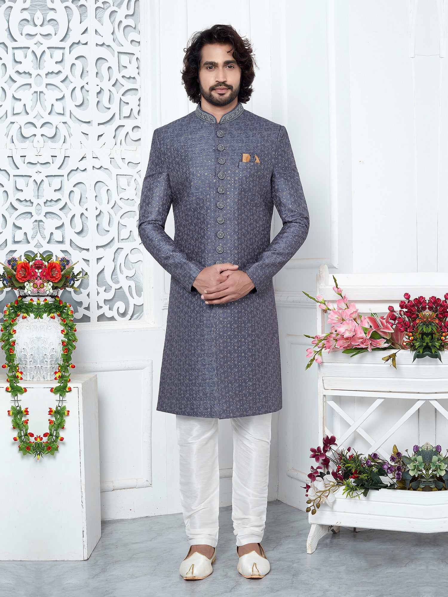 Blue Self Emroidered Mens Indowestern Set In Silk