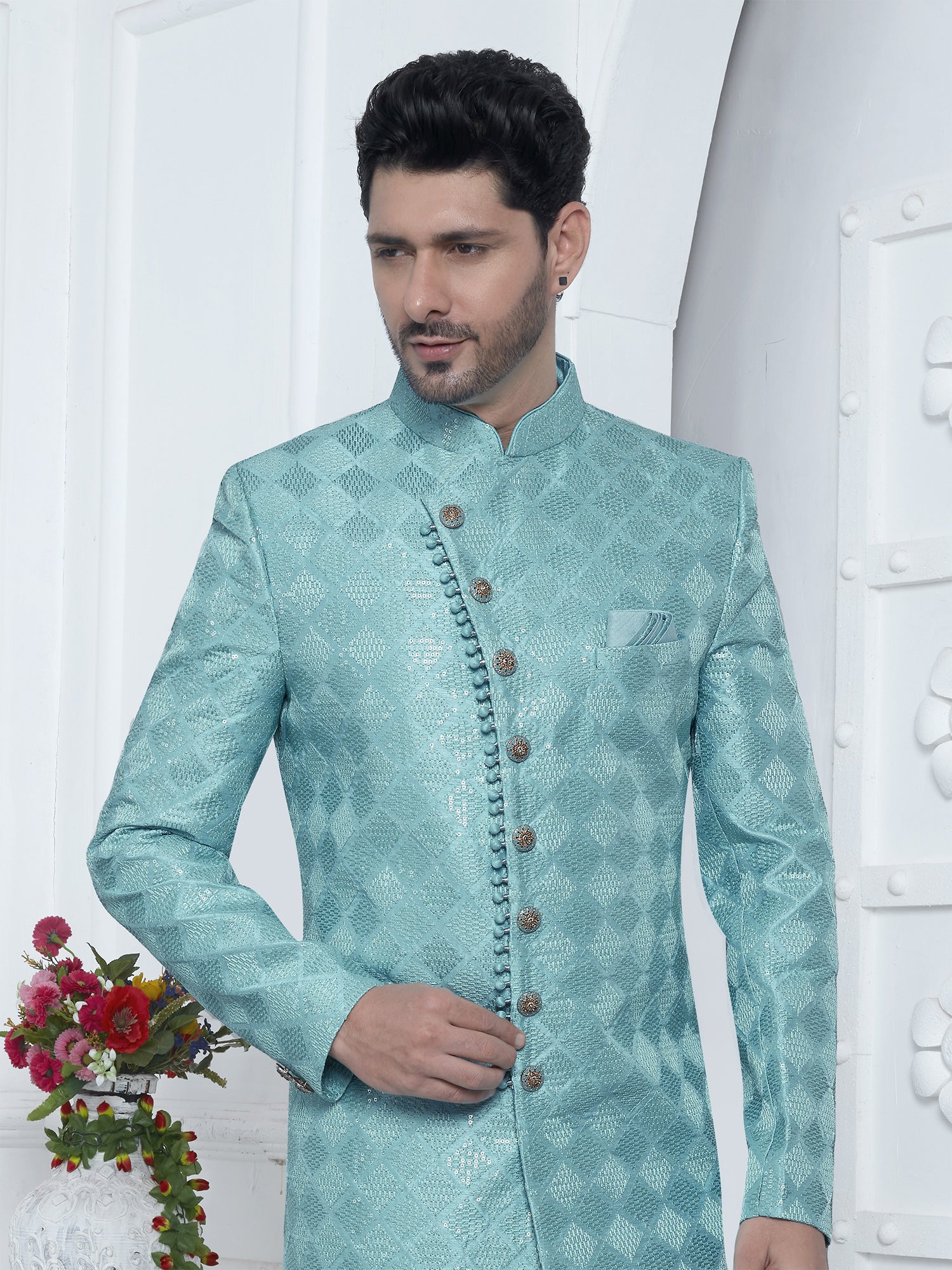 Turquoise Sequin Embroidered Mens Indowestern Set In Silk
