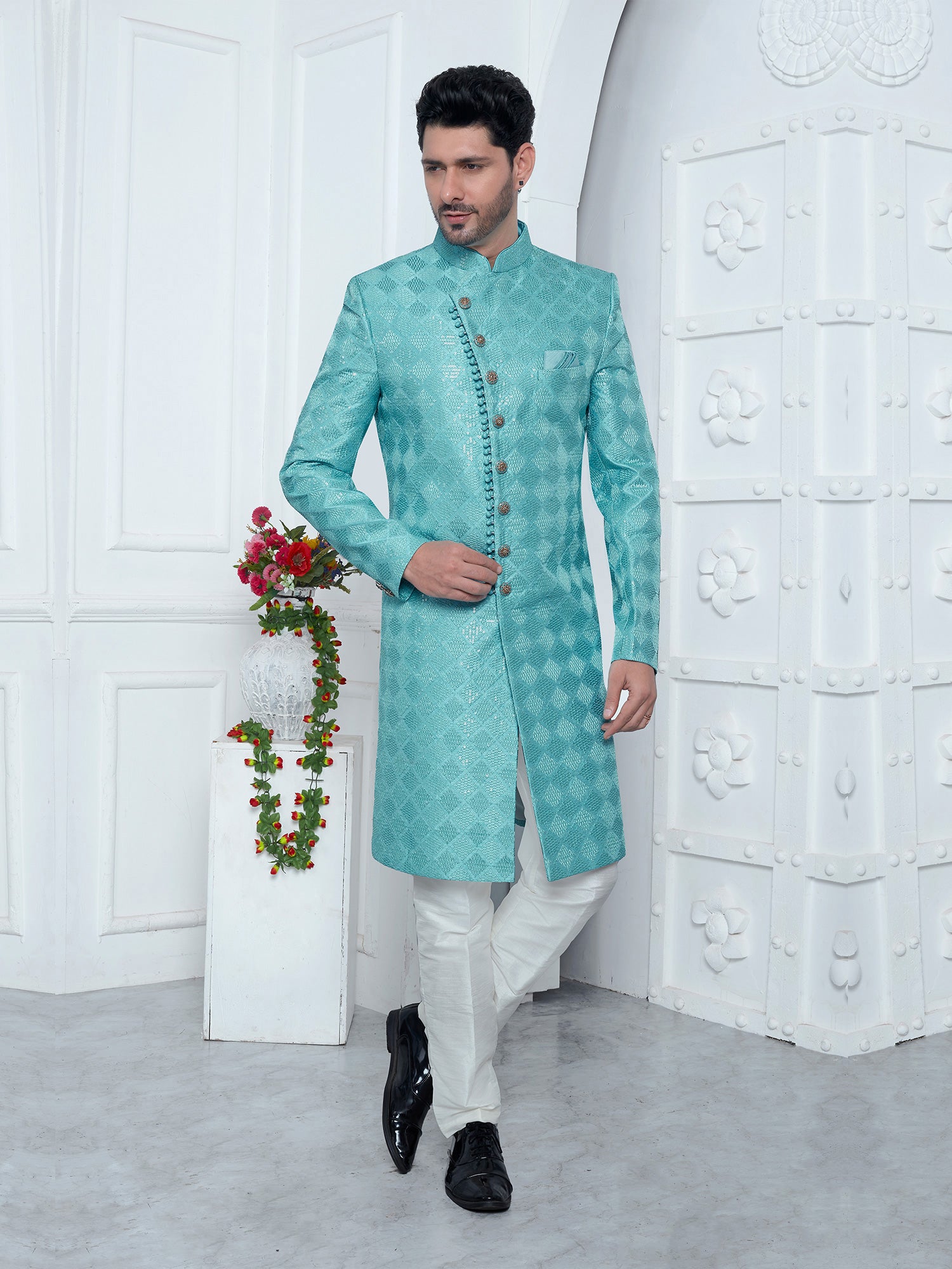 Turquoise Sequin Embroidered Mens Indowestern Set In Silk