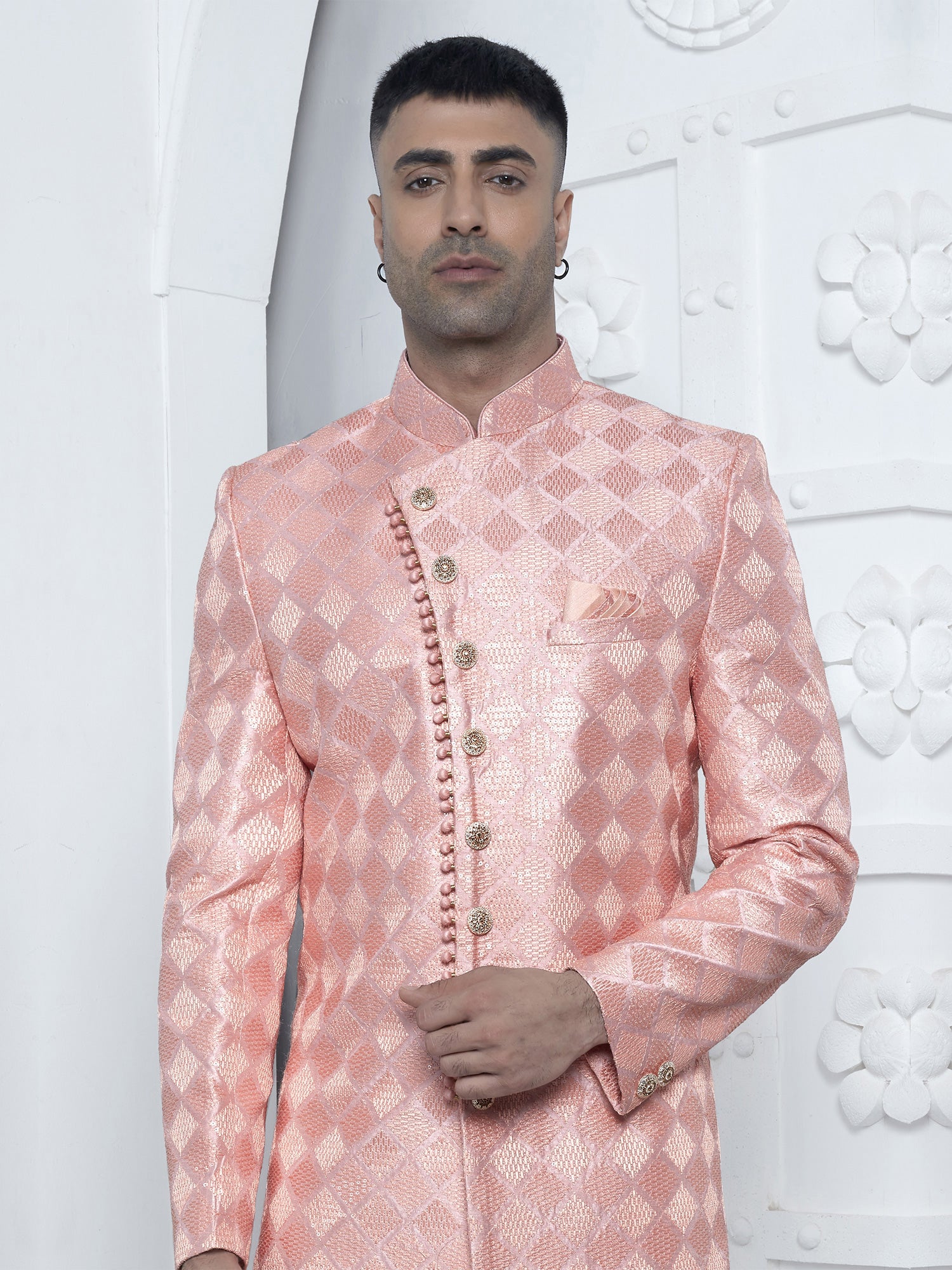 Peach Check Pattern Emboridered Mens Sherwani In Silk