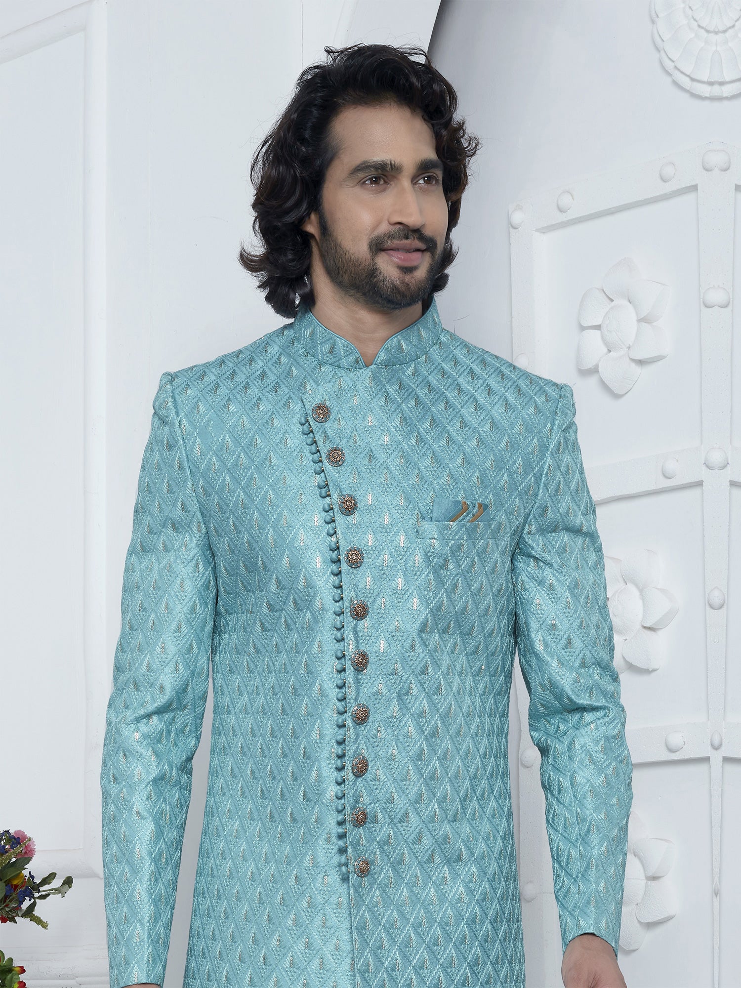 Turquoise Embroidered Indowestern Set With Asyymetric Pattern