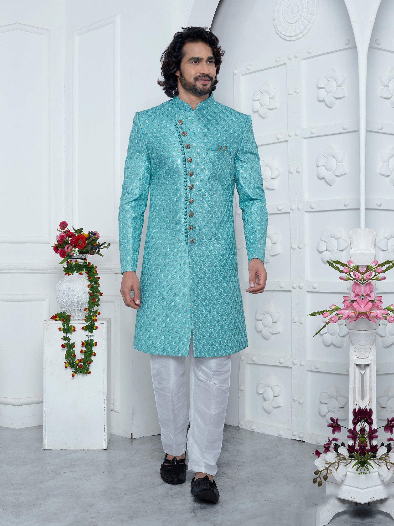 Turquoise Embroidered Indowestern Set With Asyymetric Pattern