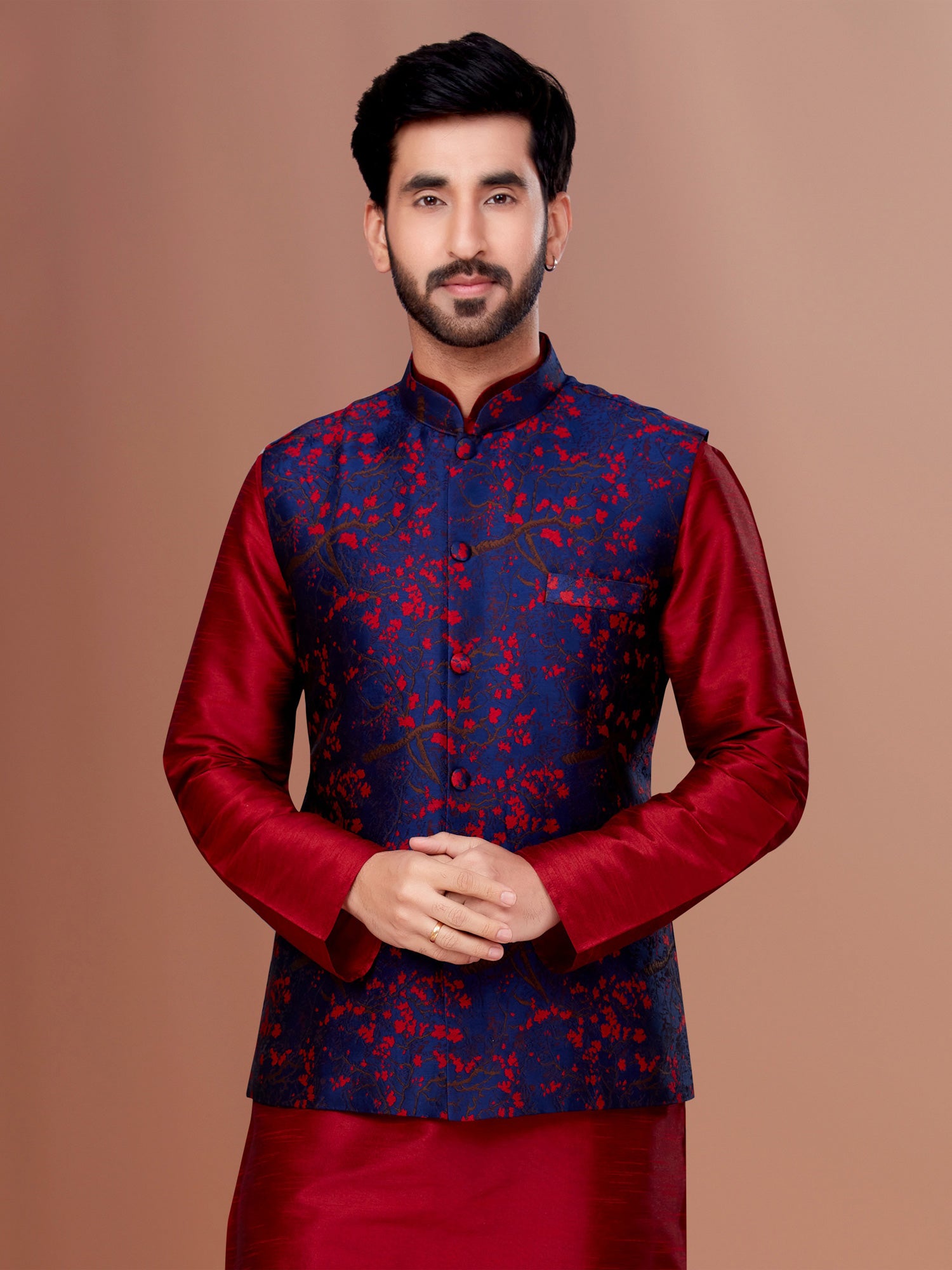 Navy Blue Mens Nehru Jacket In Jacquard Silk