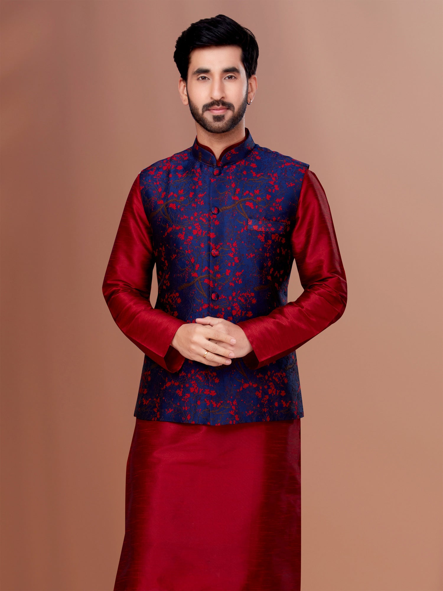 Navy Blue Mens Nehru Jacket In Jacquard Silk