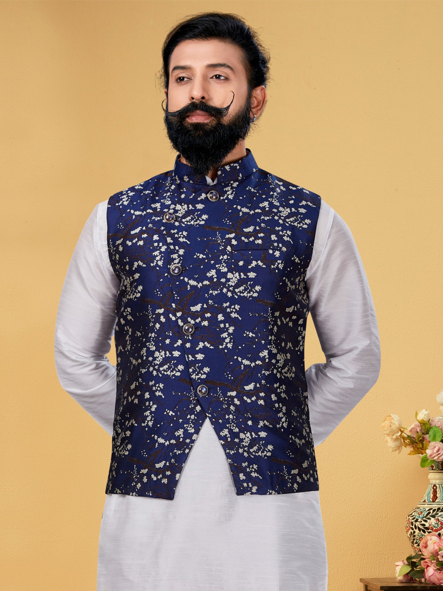 Navy Blue Asymmetric Style Nehru Jacket In Jacquard