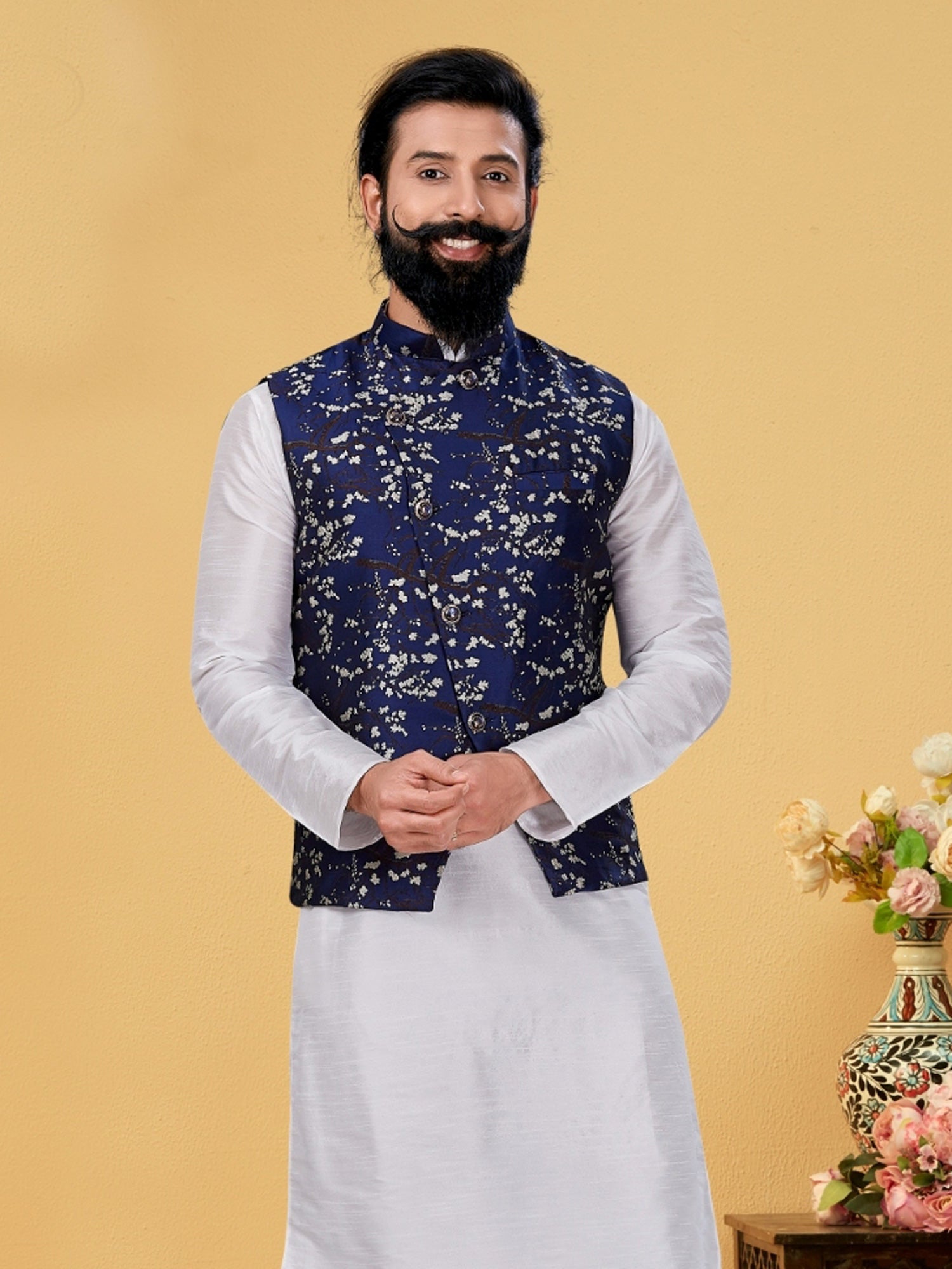 Navy Blue Asymmetric Style Nehru Jacket In Jacquard