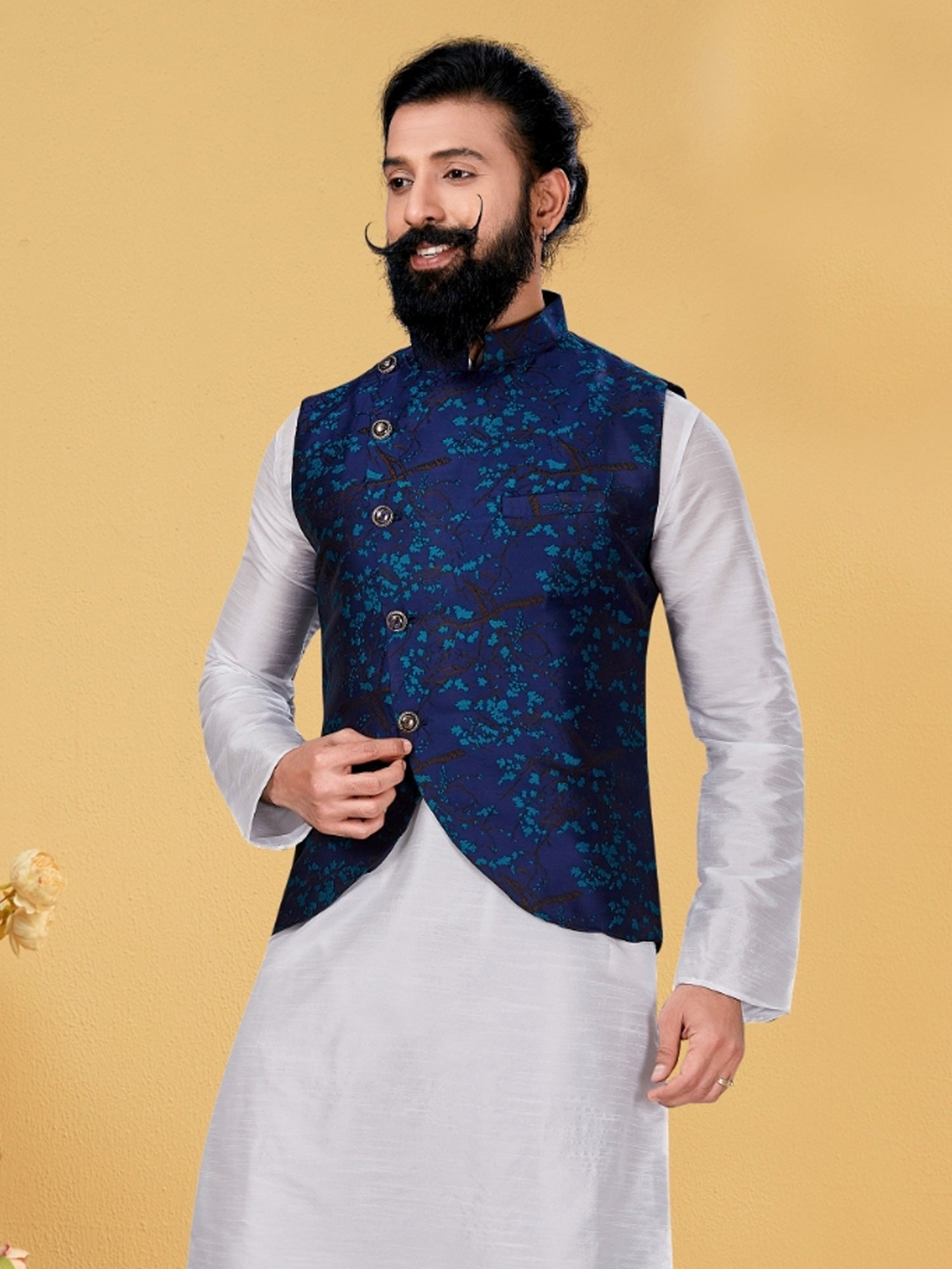 Navy Blue Jacquard Silk Mens Nehru Jacket In Asymmetric Pattern