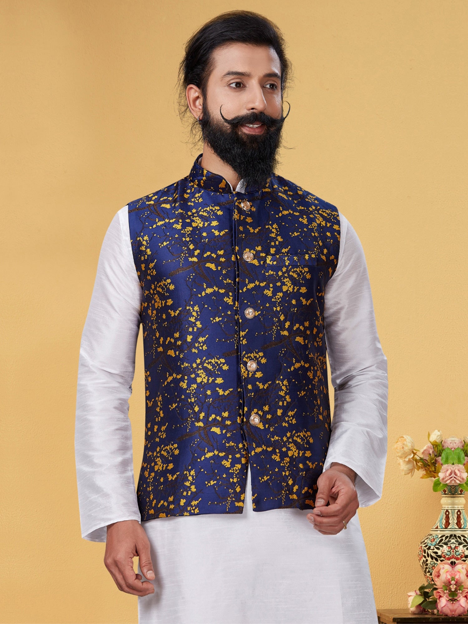 Navy Blue Mens Printed Nehru Jacket In Jacquard