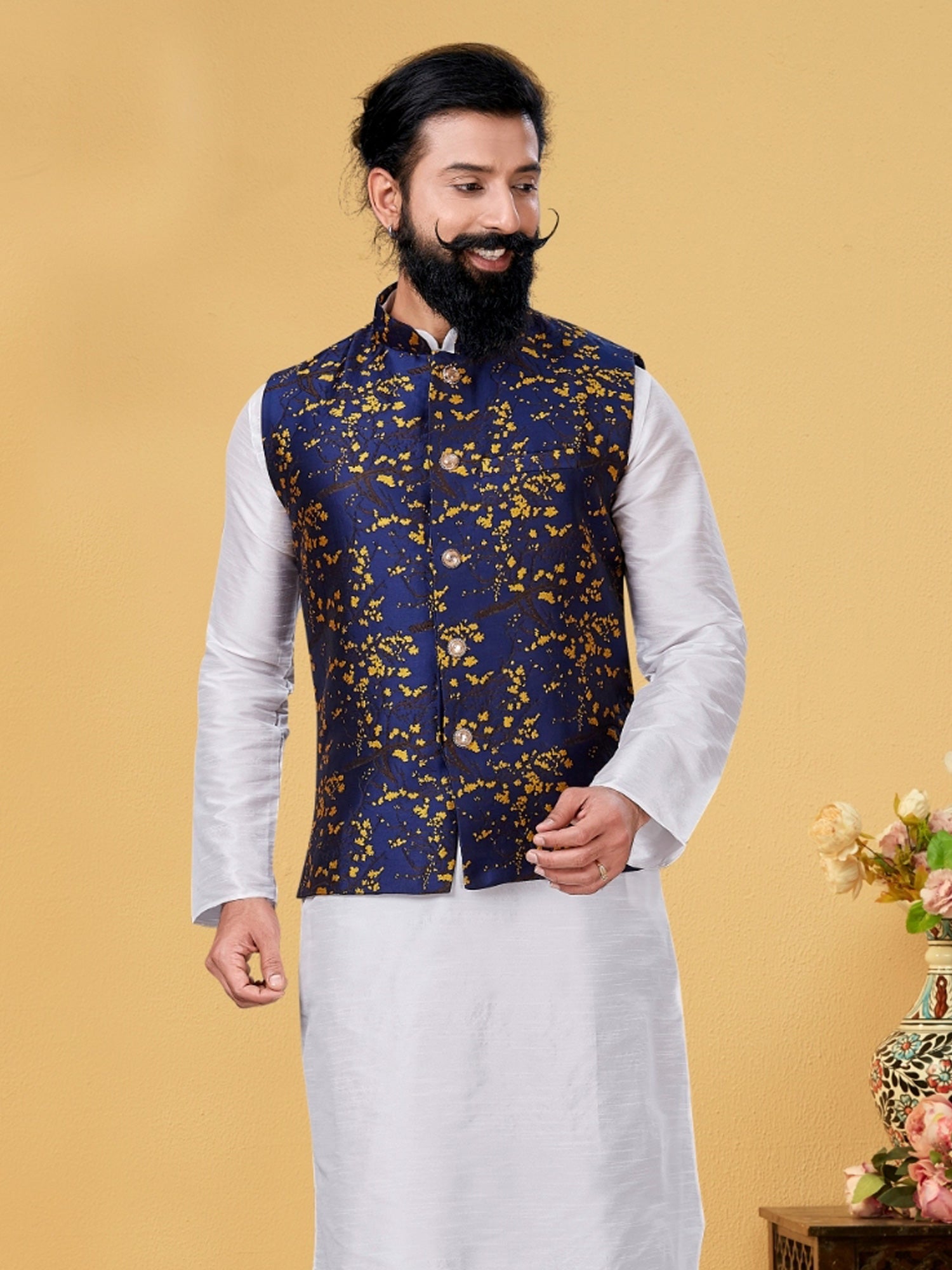 Navy Blue Mens Printed Nehru Jacket In Jacquard