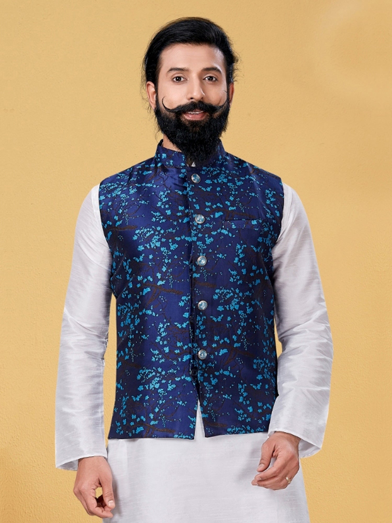 Navy Blue Jacquard Silk Nehru Jacket For Mens