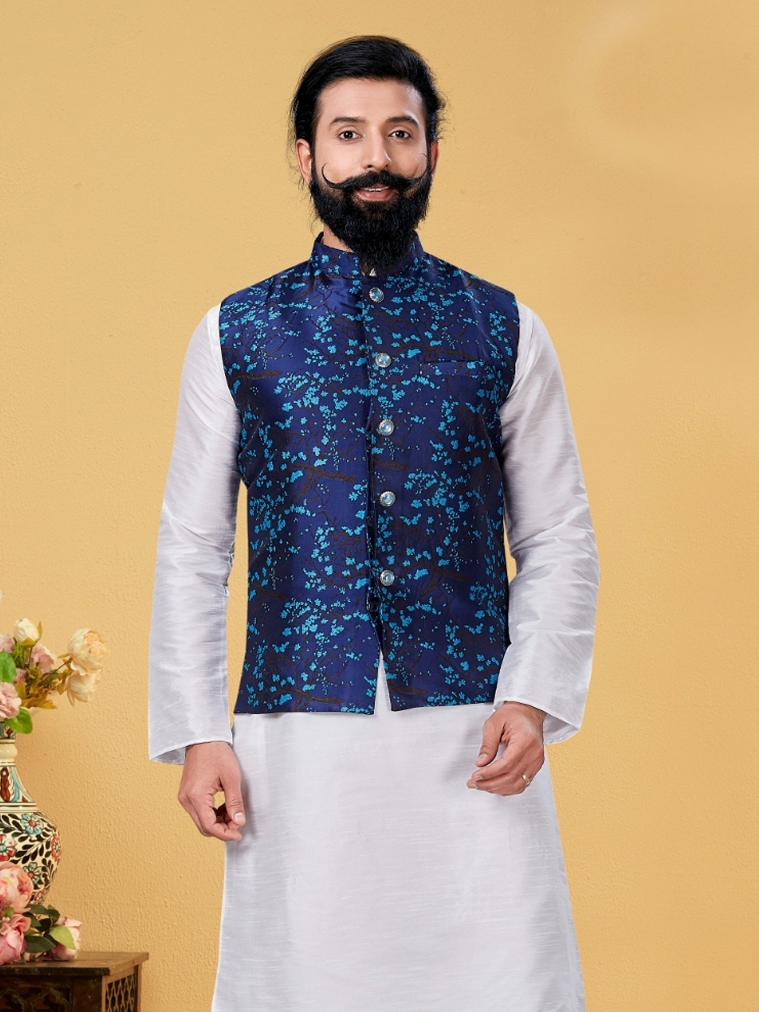 Navy Blue Jacquard Silk Nehru Jacket For Mens