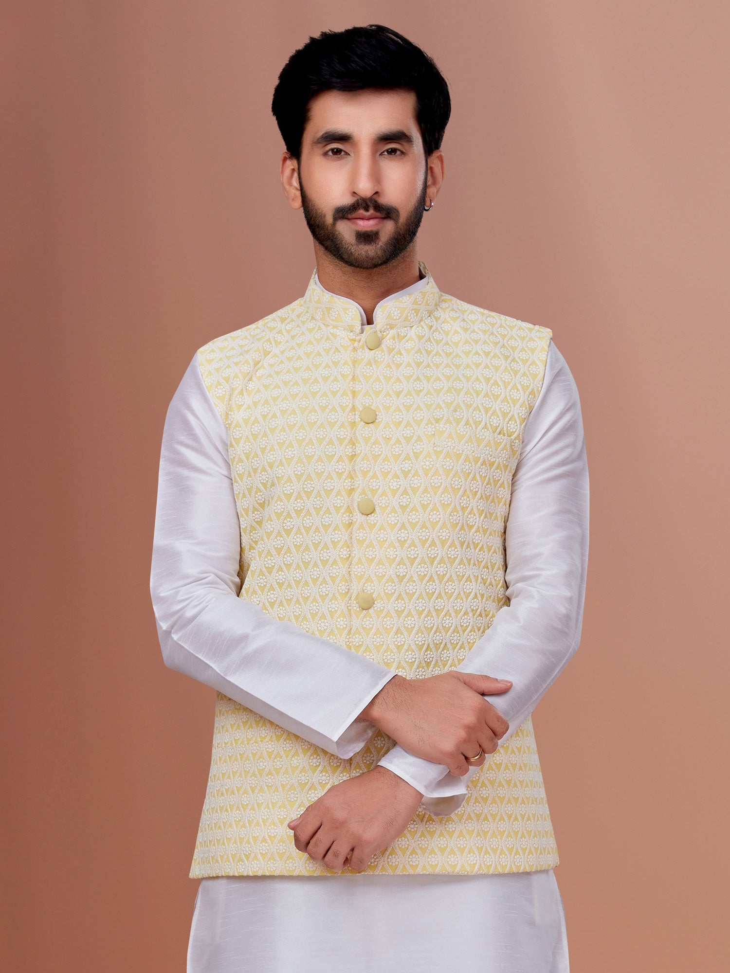 Cream Thread Embroidered Mens Nehru Jacket In Silk