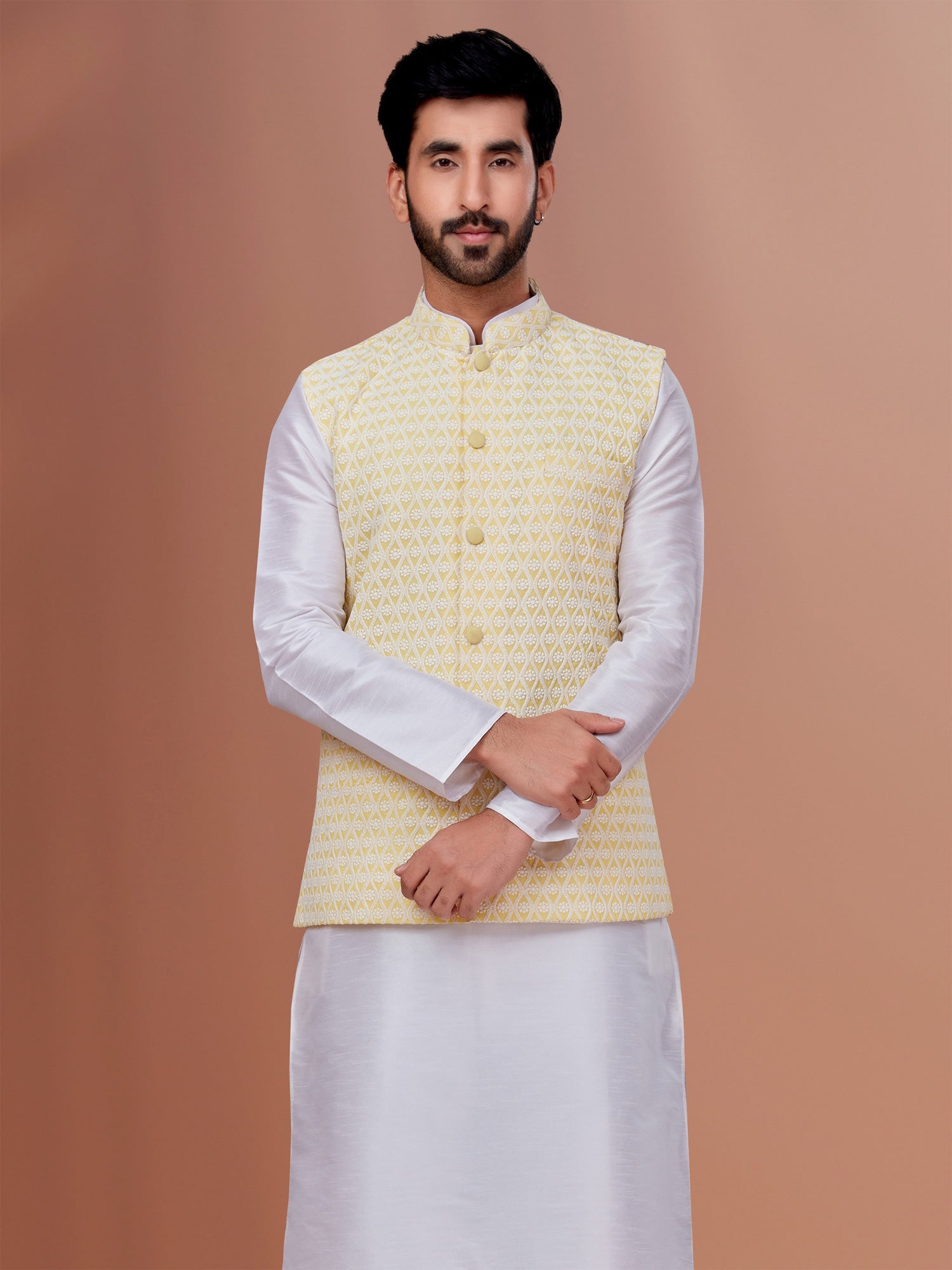 Cream Thread Embroidered Mens Nehru Jacket In Silk