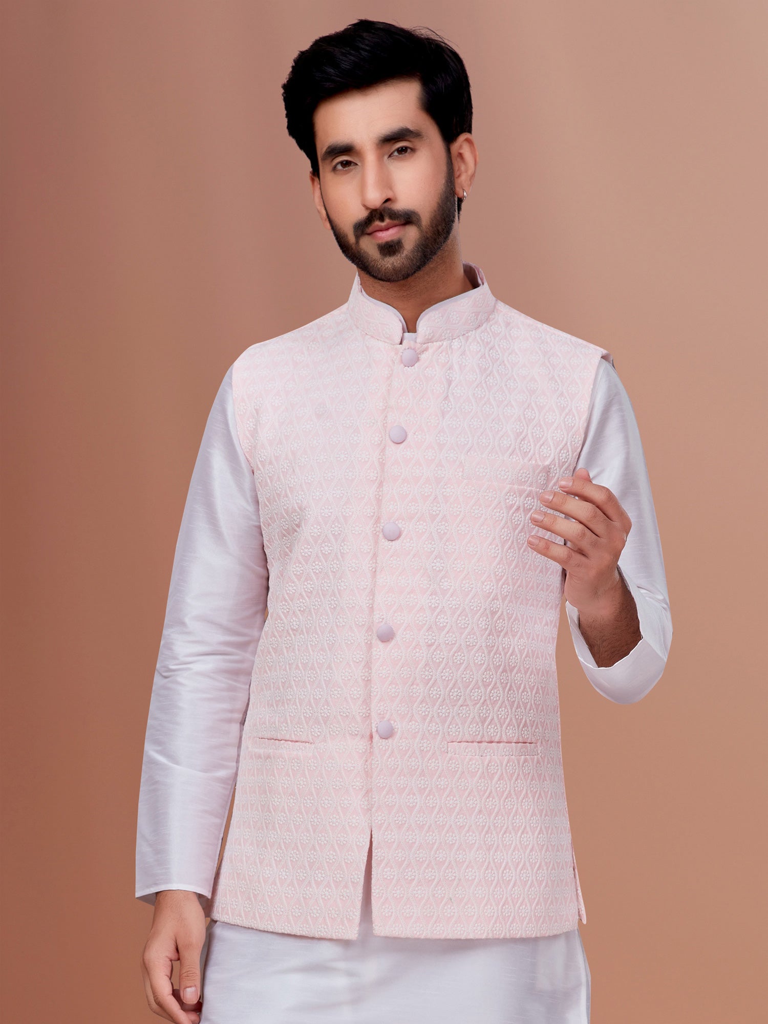 Light Pink Thread Embroidered Nehru Jacket For Mens