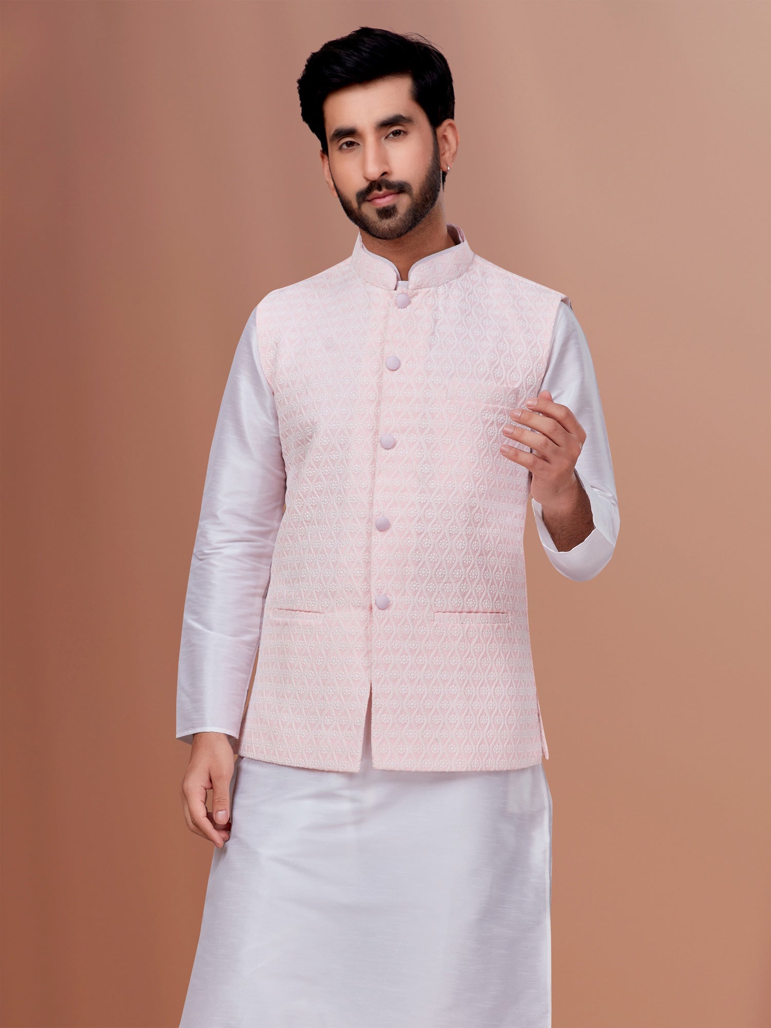 Light Pink Thread Embroidered Nehru Jacket For Mens