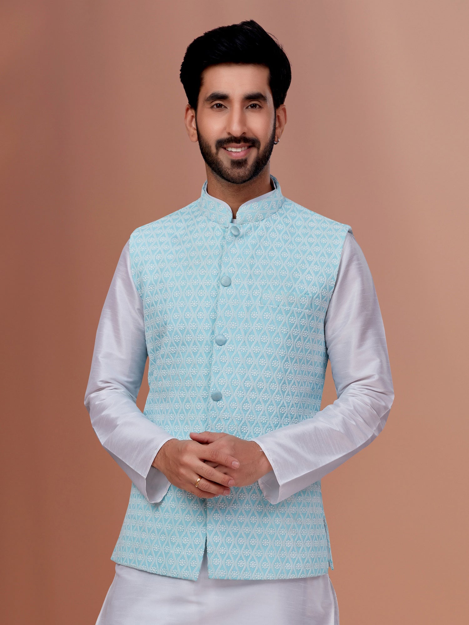 Light Blue Embroidered Mens Nehru Jacket In Georgette