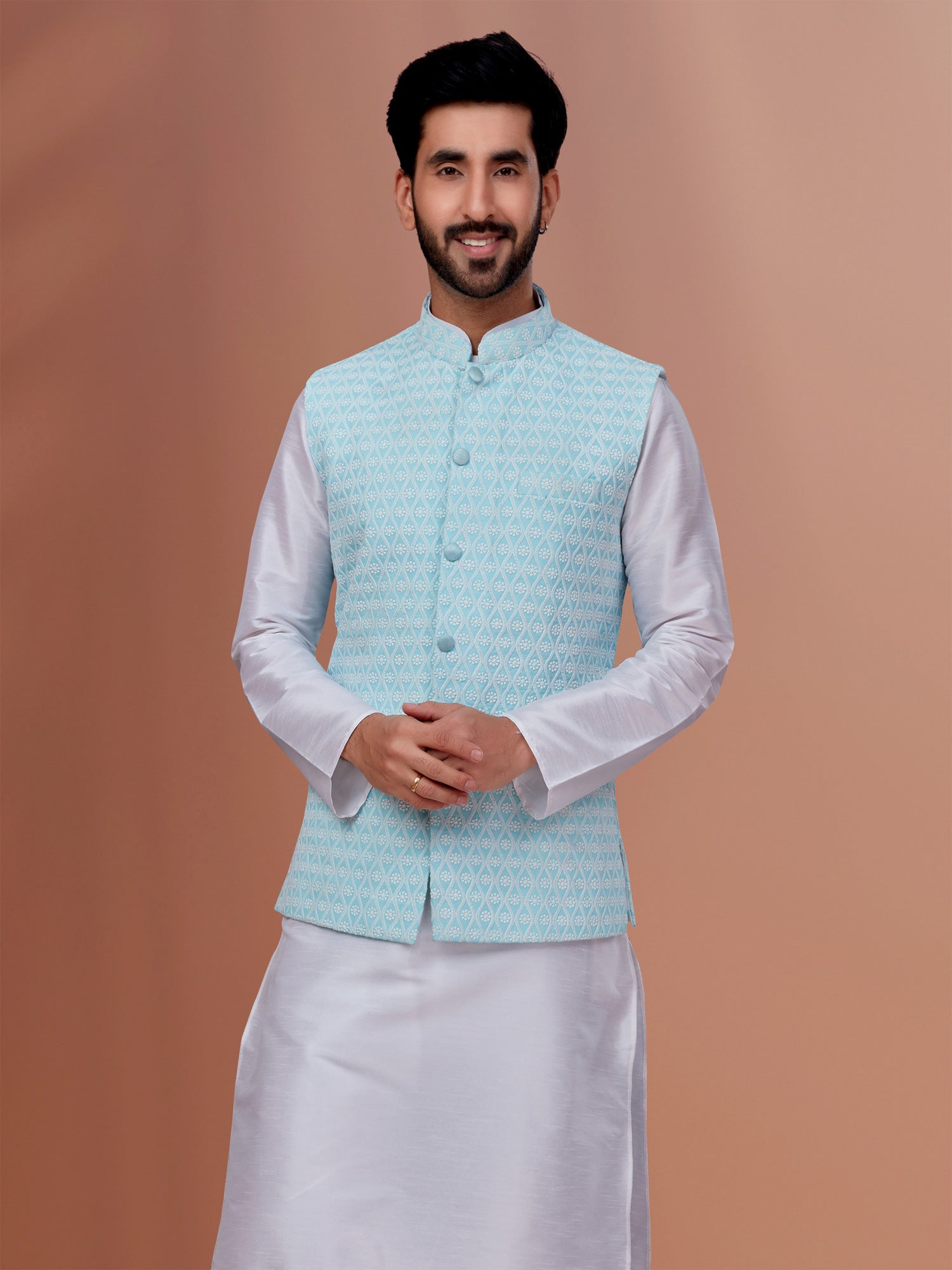 Light Blue Embroidered Mens Nehru Jacket In Georgette