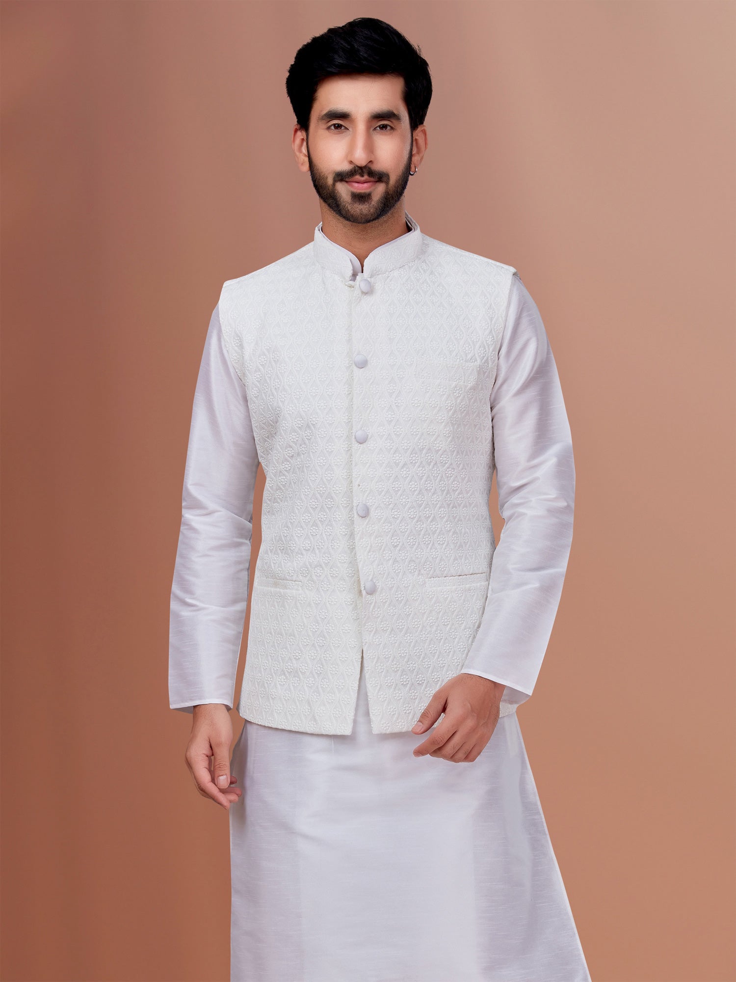 White Embroidered Modi Jacket For Mens In Georgette