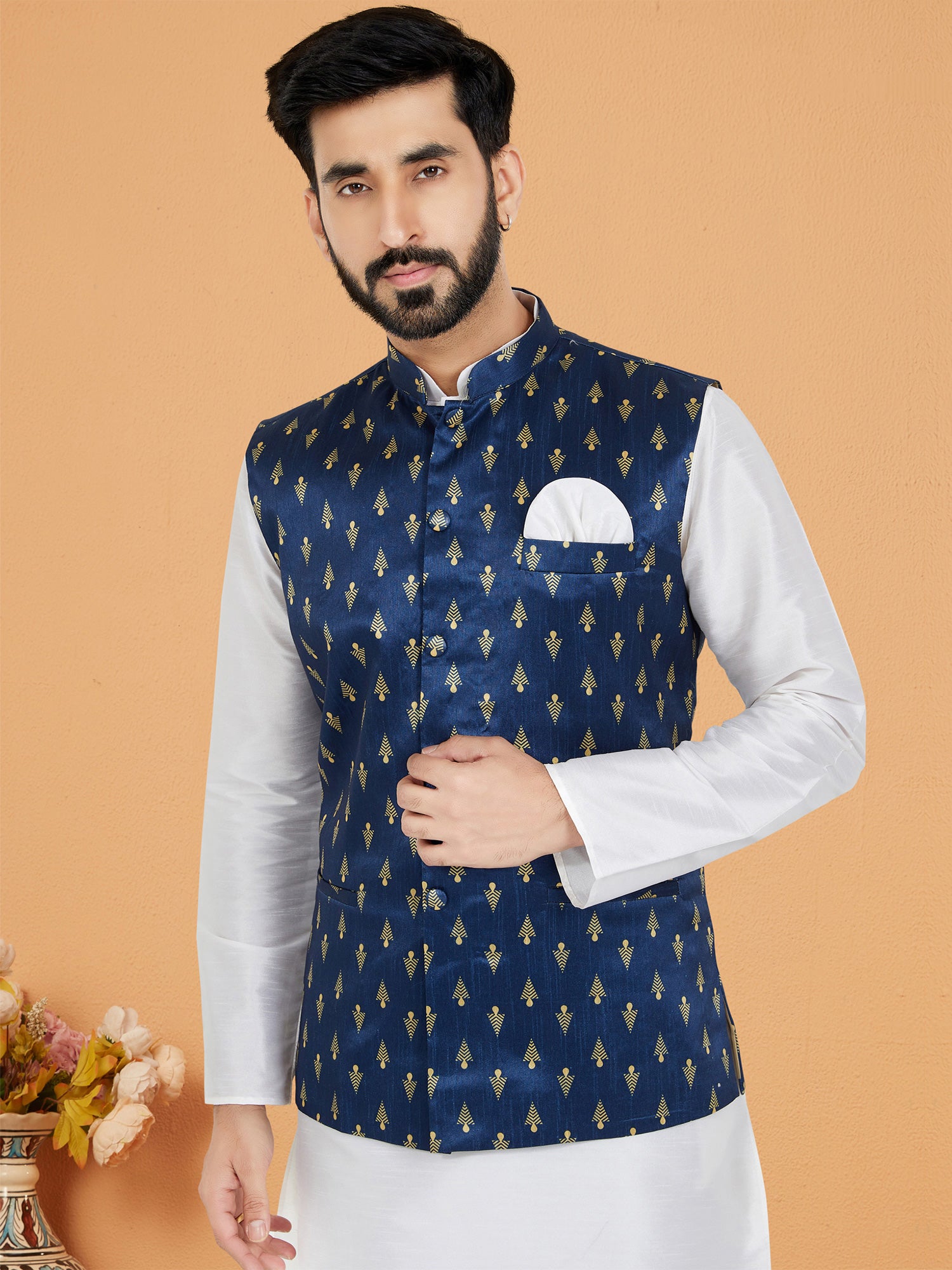 Navy Blue Woven Pattern Nehru Jacket In Silk