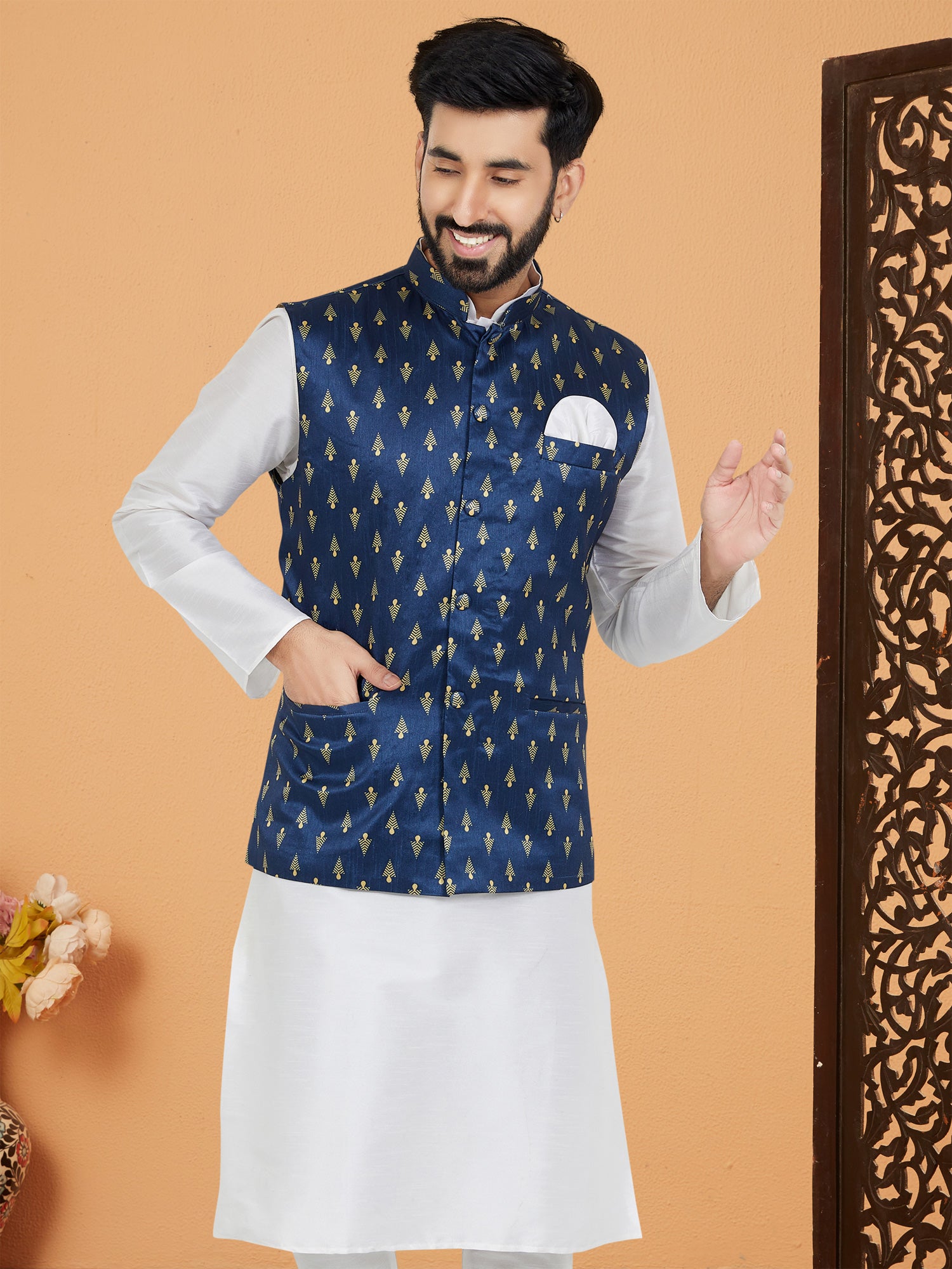 Navy Blue Woven Pattern Nehru Jacket In Silk