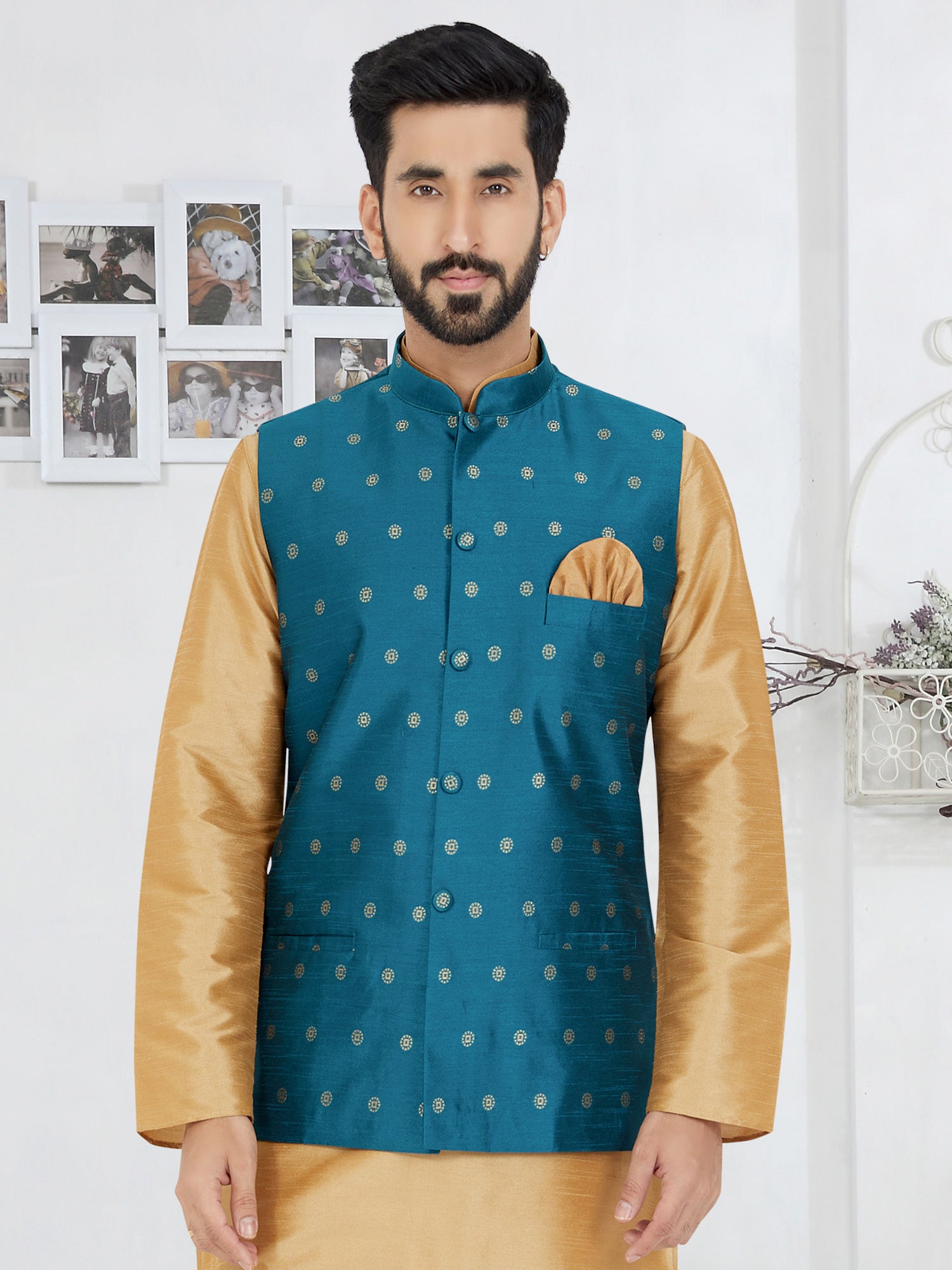 Teal Blue Mens Nehru Jacket In Woven Design