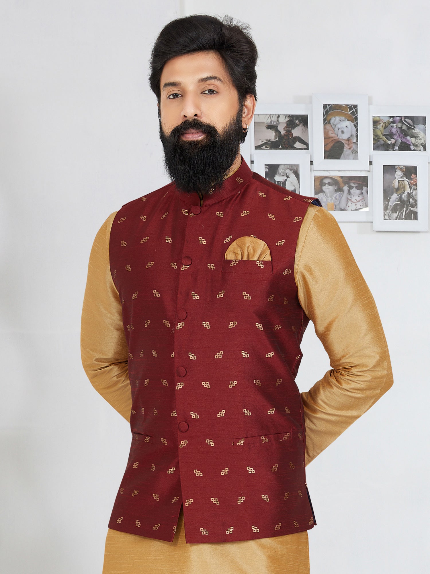 Maroon Mens Bandhgala Waistcoat In Woven Design