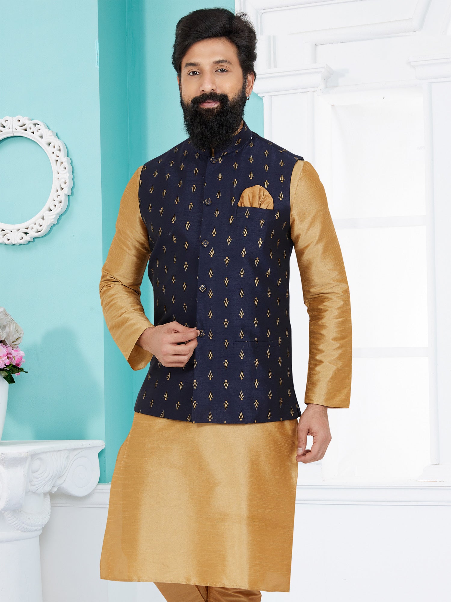 Navy Blue Bandhgala Mens Nehru Jacket In Jacquard Silk