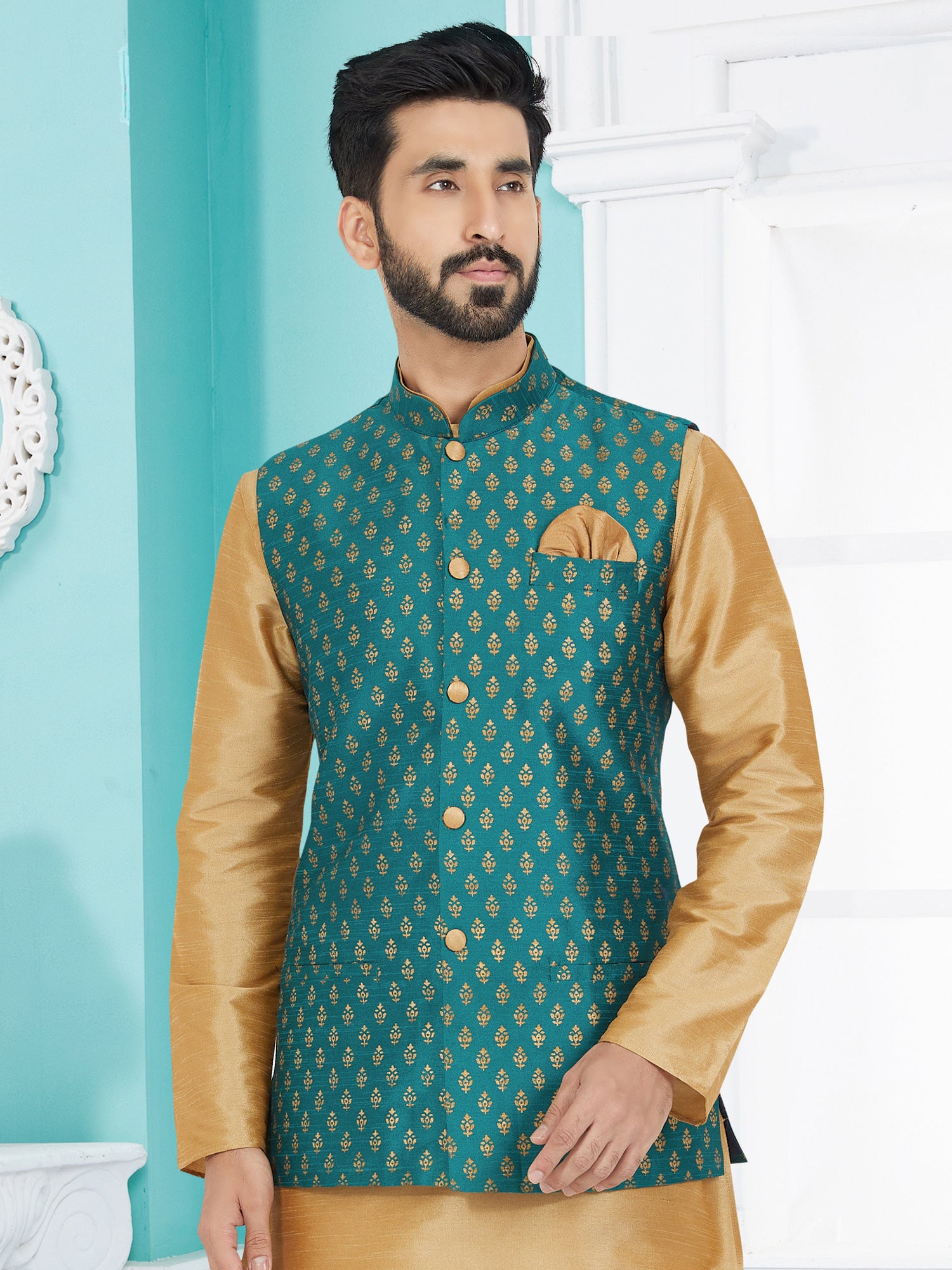 Rama Green Woven Nehru Jacket For Mens