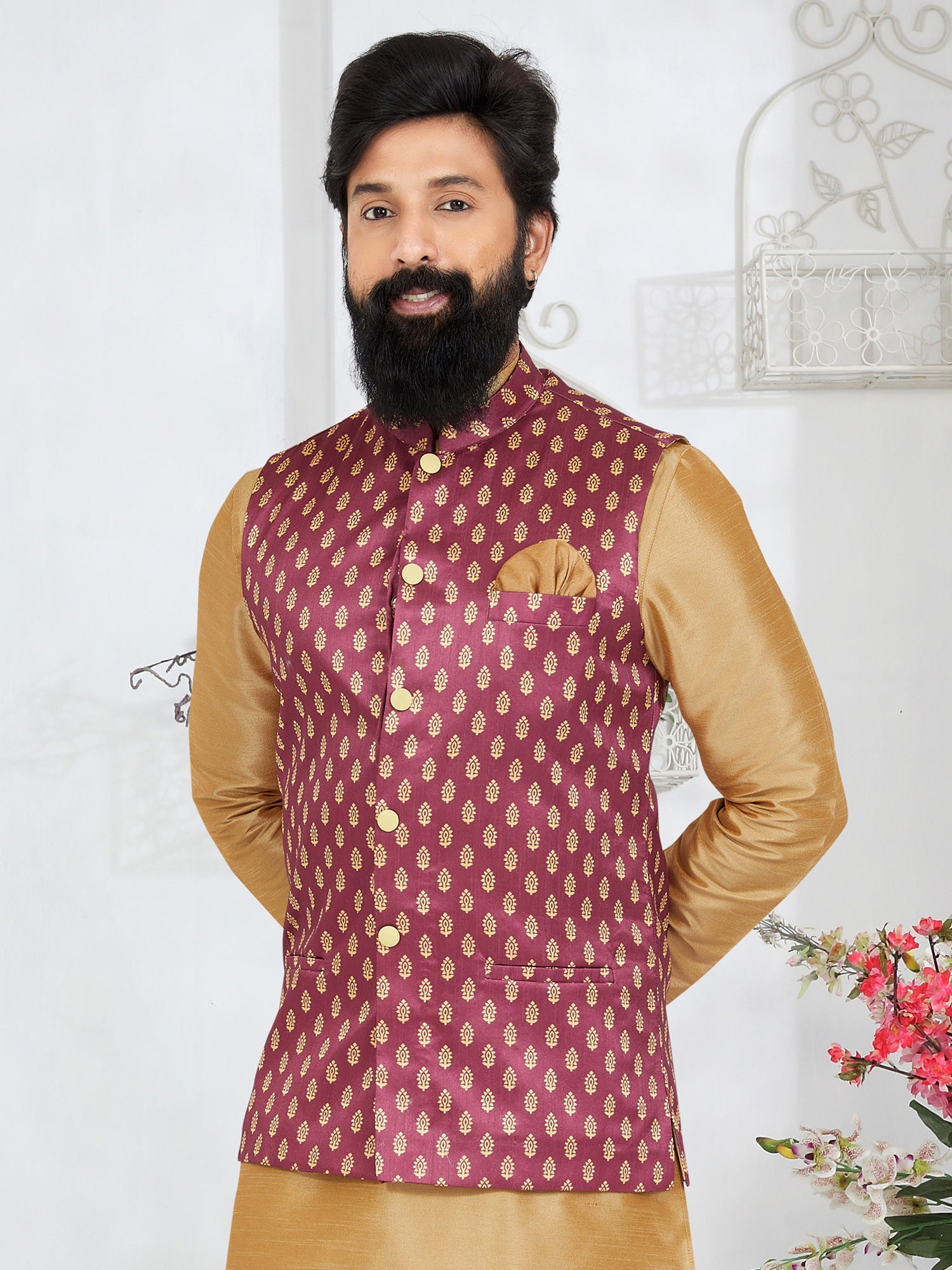 Ruby Red Banarasi Silk Mens Festive Wear Nehru Jacket