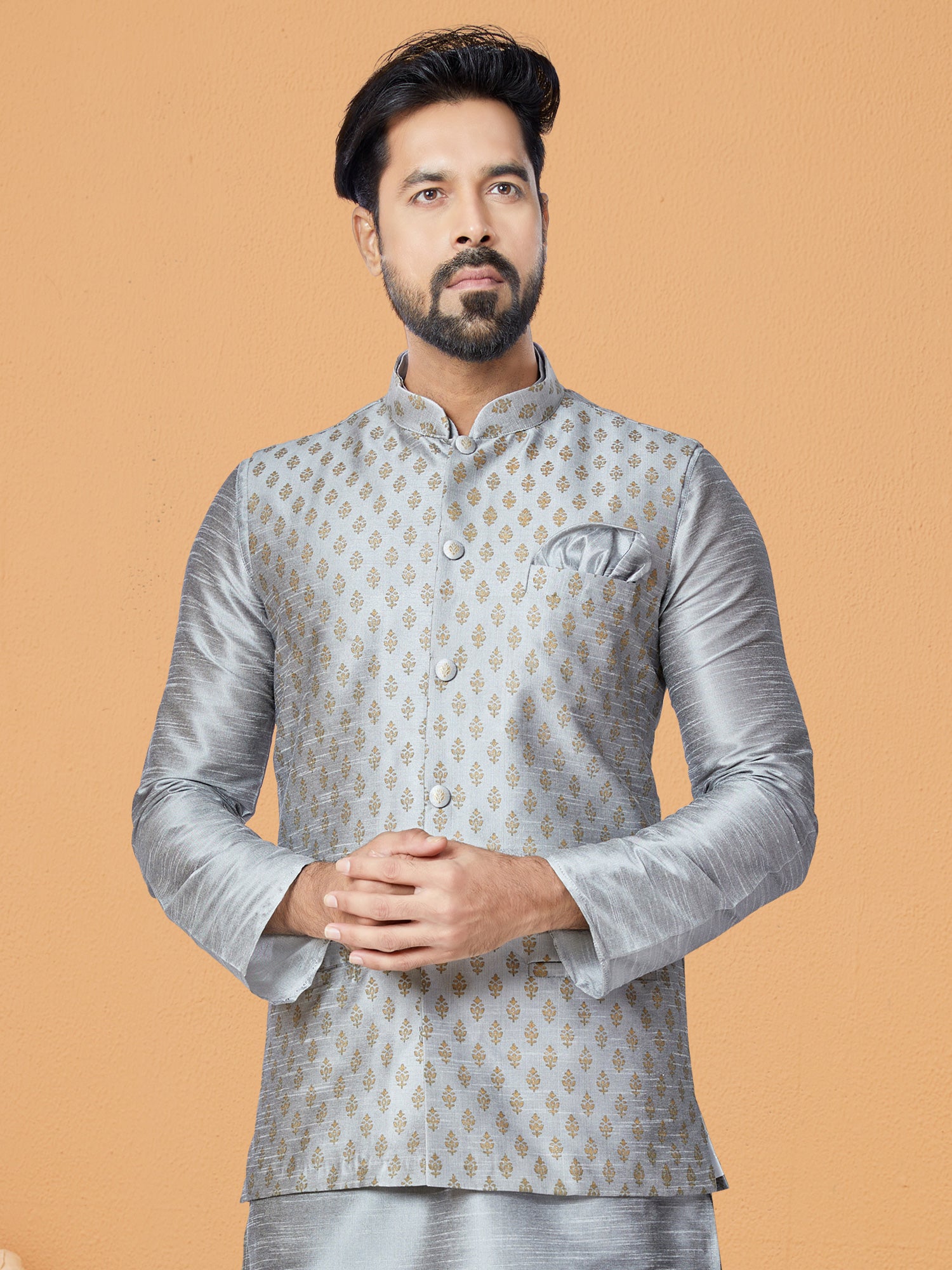 Silver Grey Mens Waistcoat Jacket In Jacquard Silk