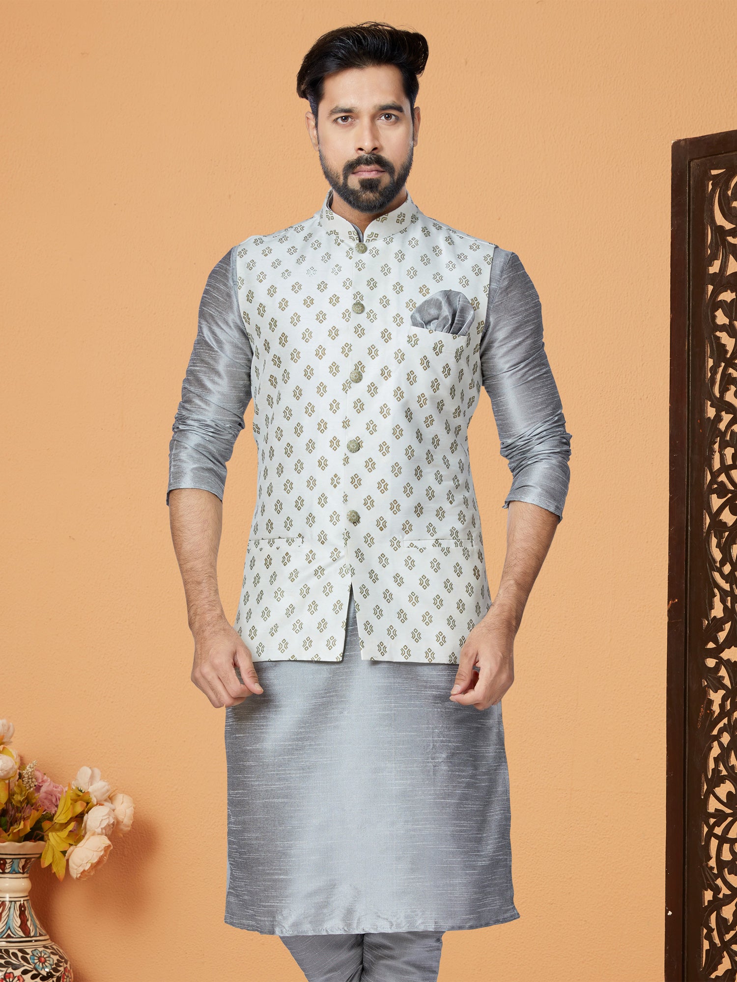Off White Brocade Silk Mens Wear Nehru Jacket
