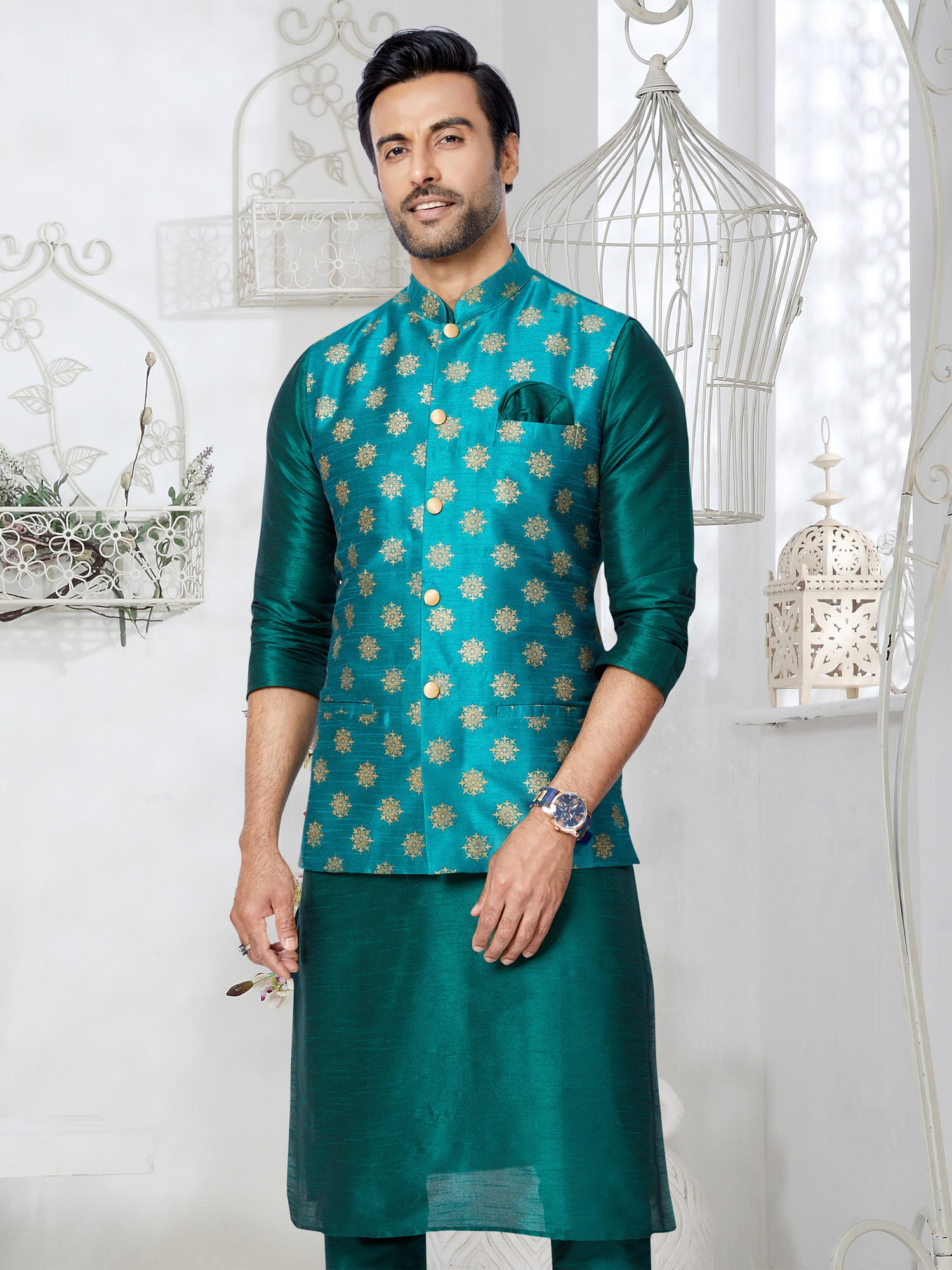 Sky Blue Traditional Silk Woven Mens Bandhgala Waistcoat