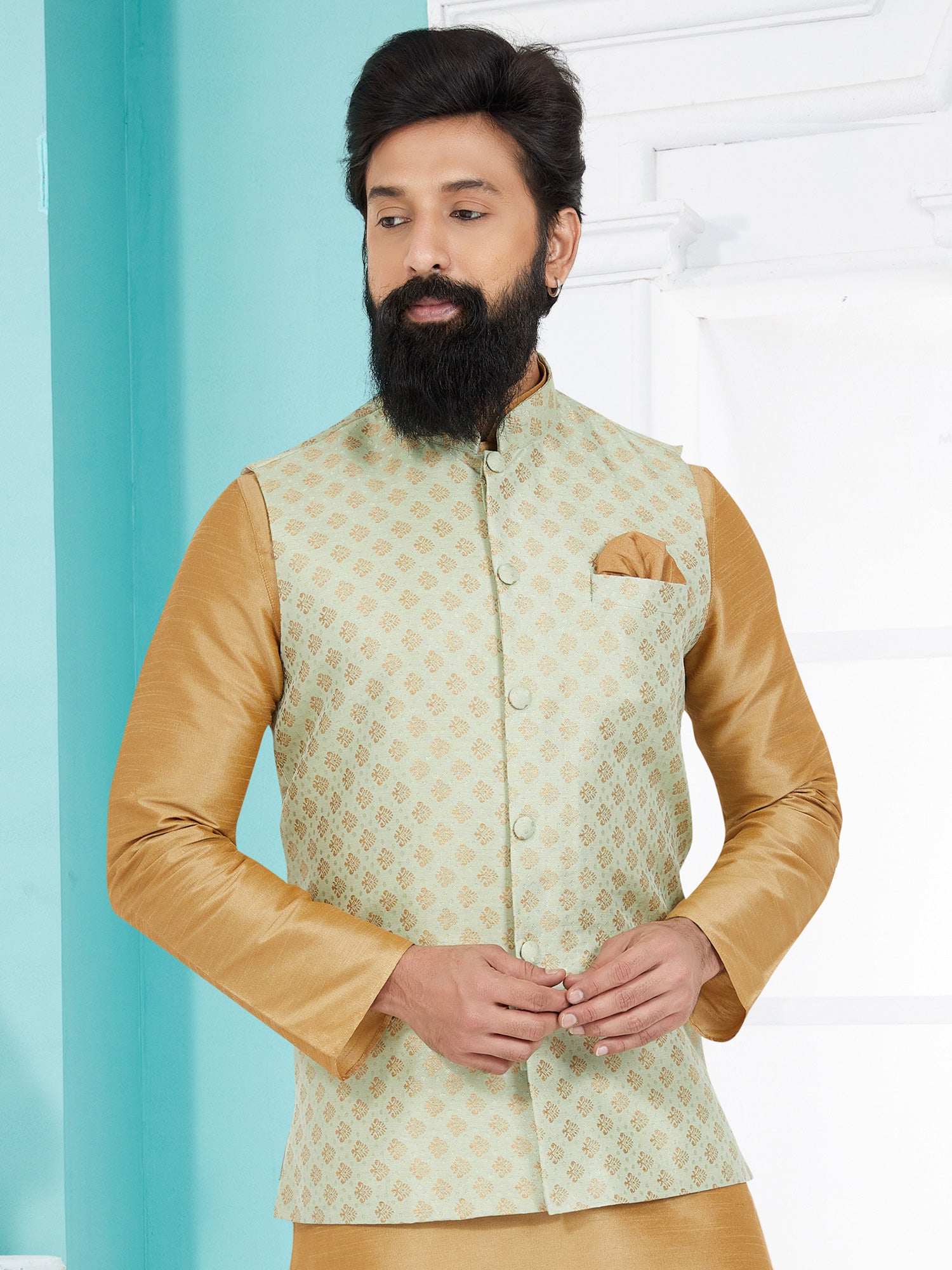 Mint Green Waistcoat Jacket In Silk Weaving