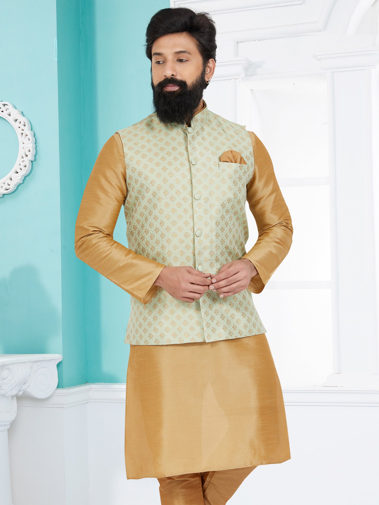 Mint Green Waistcoat Jacket In Silk Weaving