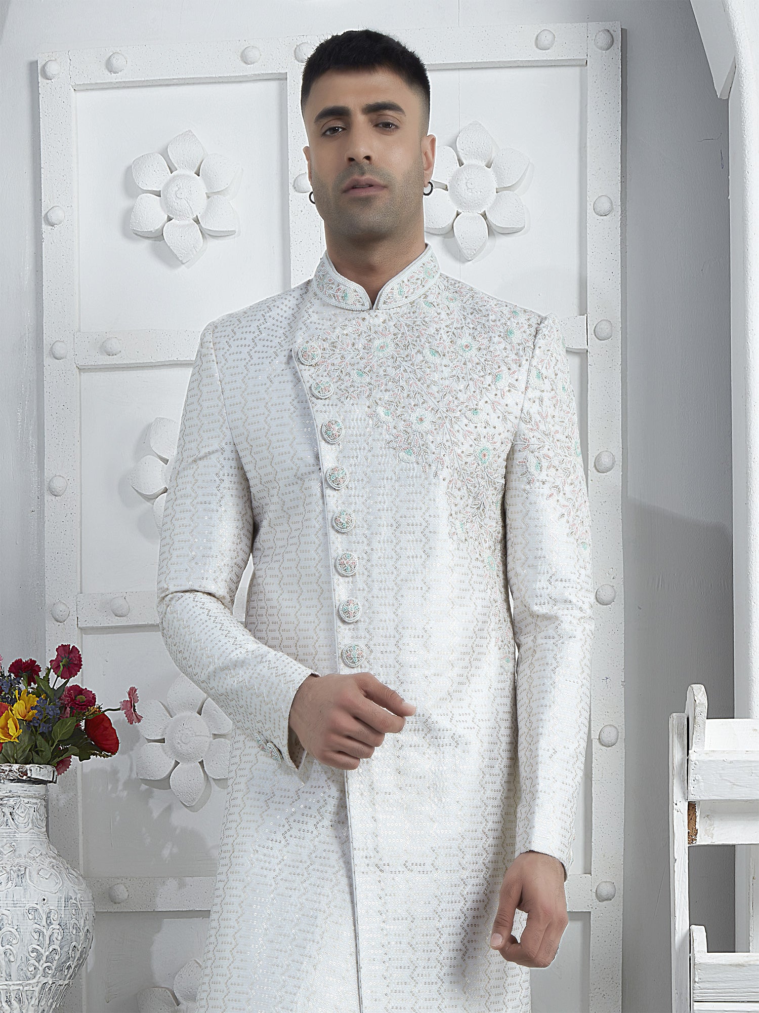 Pearl White Heavy Sequin Embroidered Mens Indowestern Sherwani Set