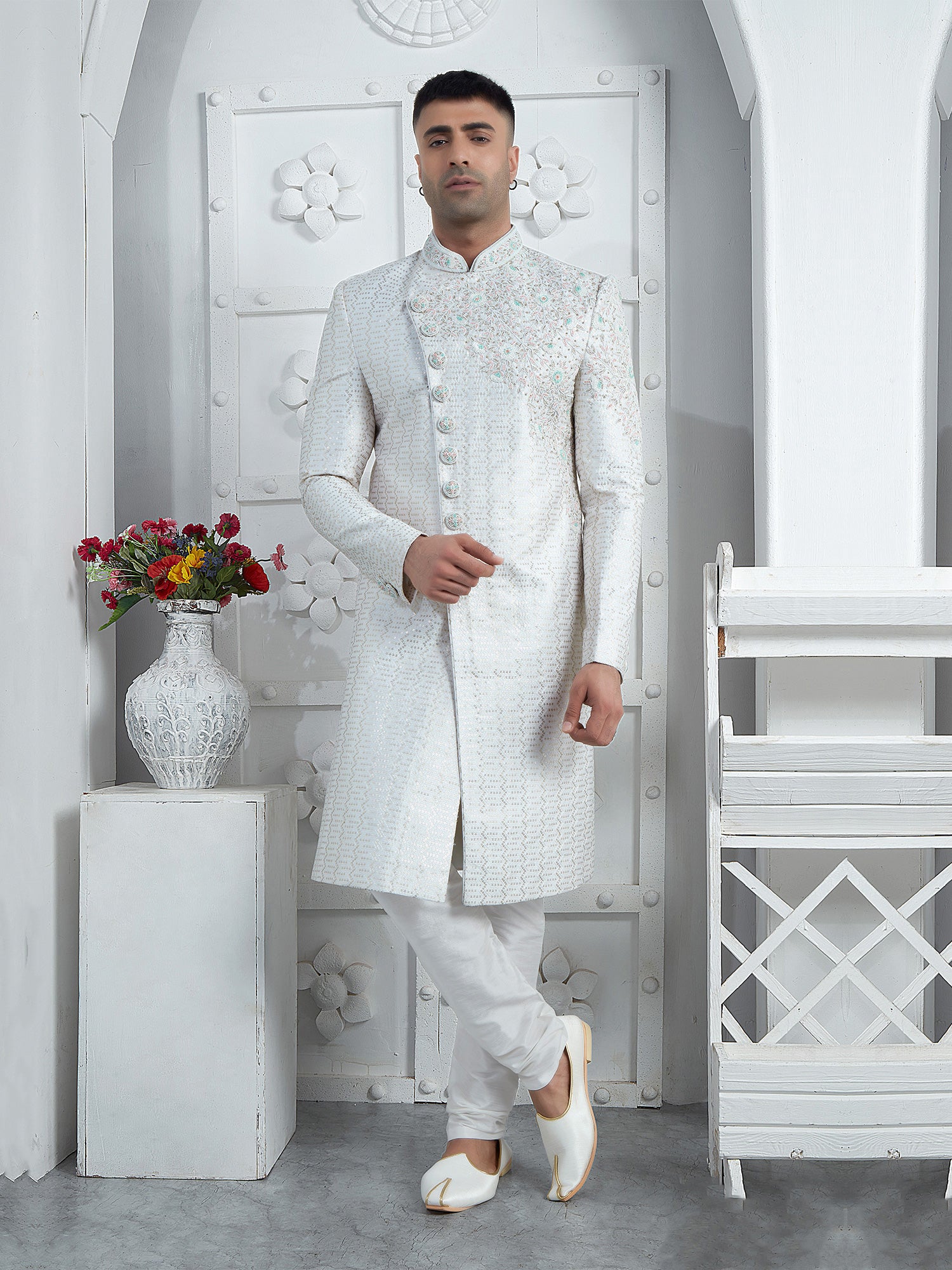 Pearl White Heavy Sequin Embroidered Mens Indowestern Sherwani Set