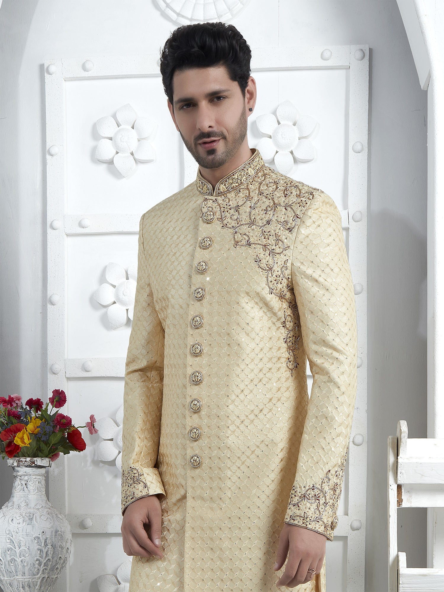 Ivory Cream Thread Embroidered Indowestern Sherwani Set For Mens