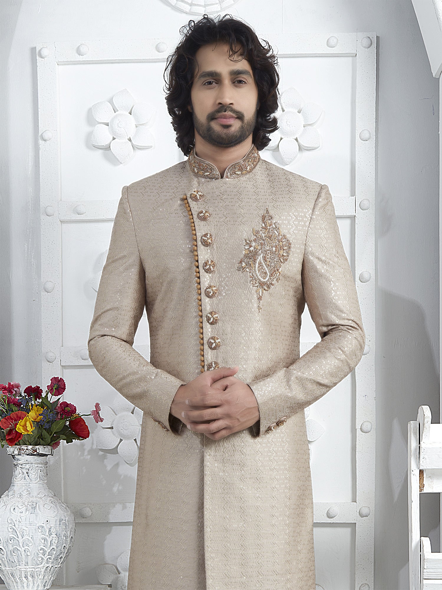 Beige Wedding Wear Sequins Embroidered Mens Indowestern Sherwani