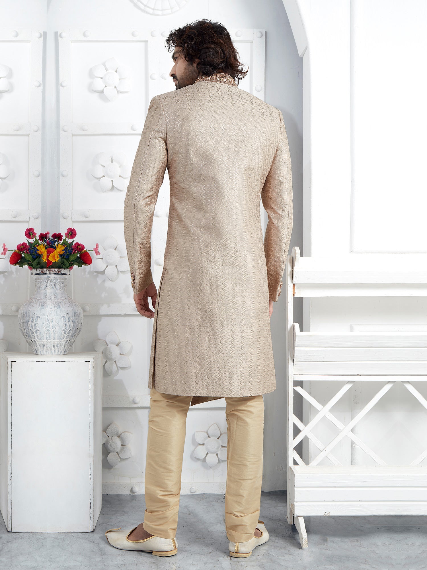 Beige Wedding Wear Sequins Embroidered Mens Indowestern Sherwani