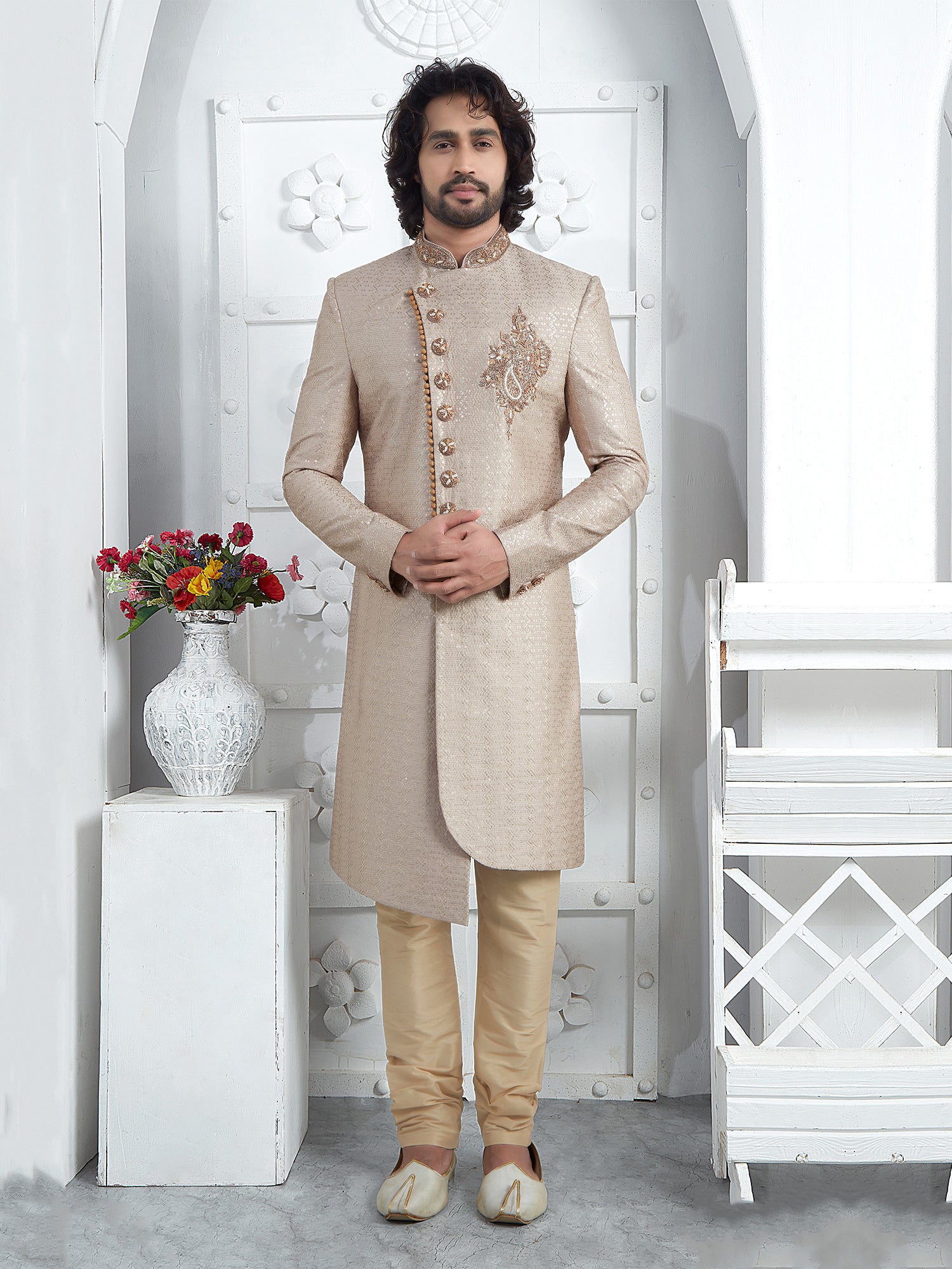 Beige Wedding Wear Sequins Embroidered Mens Indowestern Sherwani