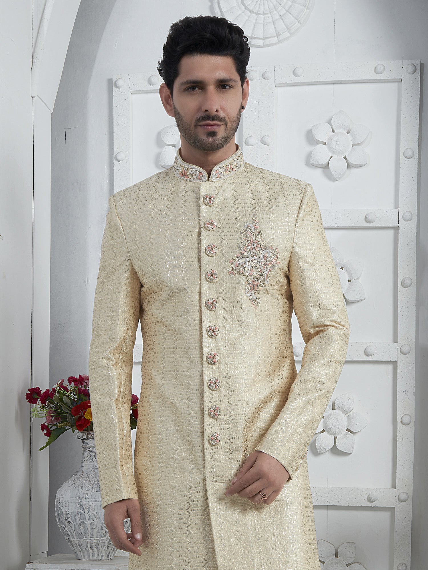 Cream Sequins Enhanced Mens Achkan Styled Indowestern Sherwani Set